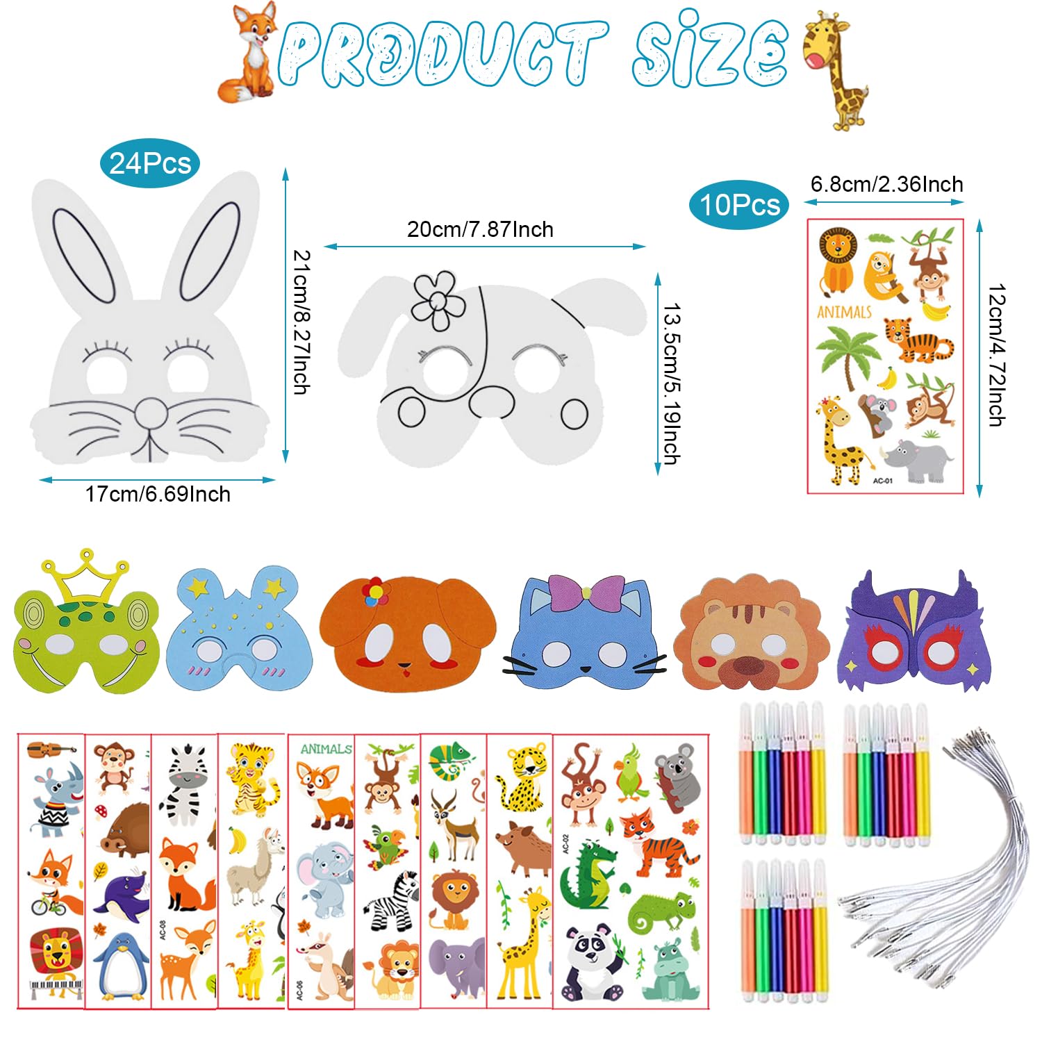 W Rxkiocs 34 Pezzi Maschere Animali Maschera Animale Set di Carta per Bambini con Adesivi per Tatuaggi di Animali per Bambini per Feste Nella Giungla Halloween Feste in Maschera