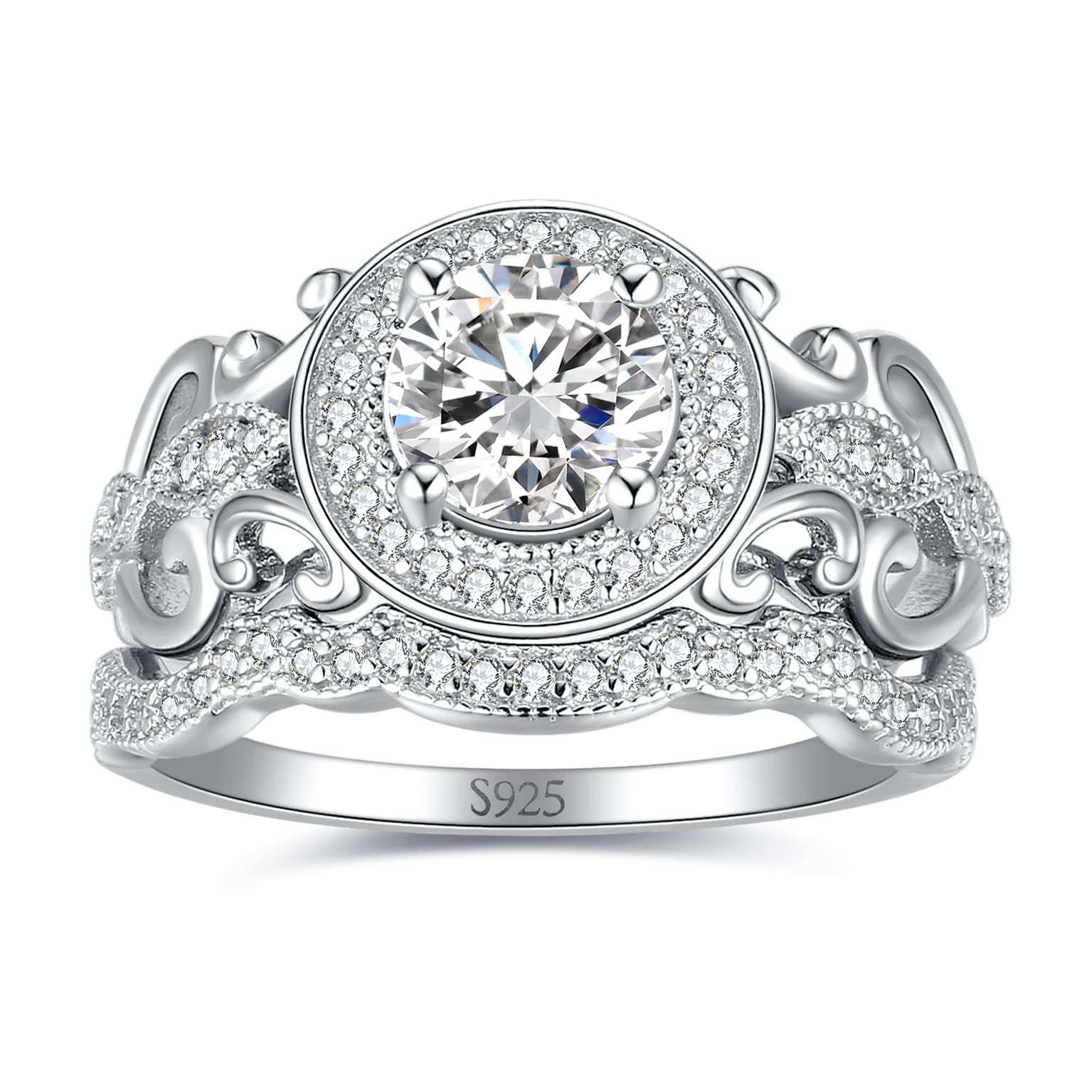JewelryPalace Anillo Plata Mujer Circonita Diamante Simulado, Anillo Compromiso Plata de Ley 925 con Piedras, Anillo Promesa Banda de Boda Conjunto para Novia