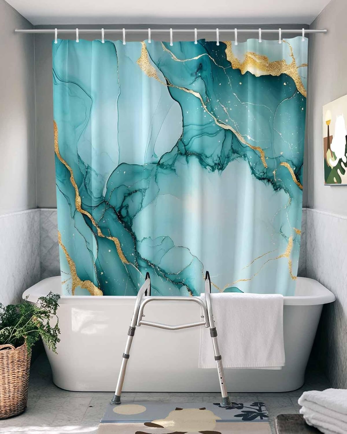 Split Shower Curtain for Transfer Benches, Teal Marble Fabric Bathroom Curtain with Hooks, Golden Ink Painting Abstract Art Waterproof Bathtub Curtain for Elderly and Disabled, 72 x 78 In