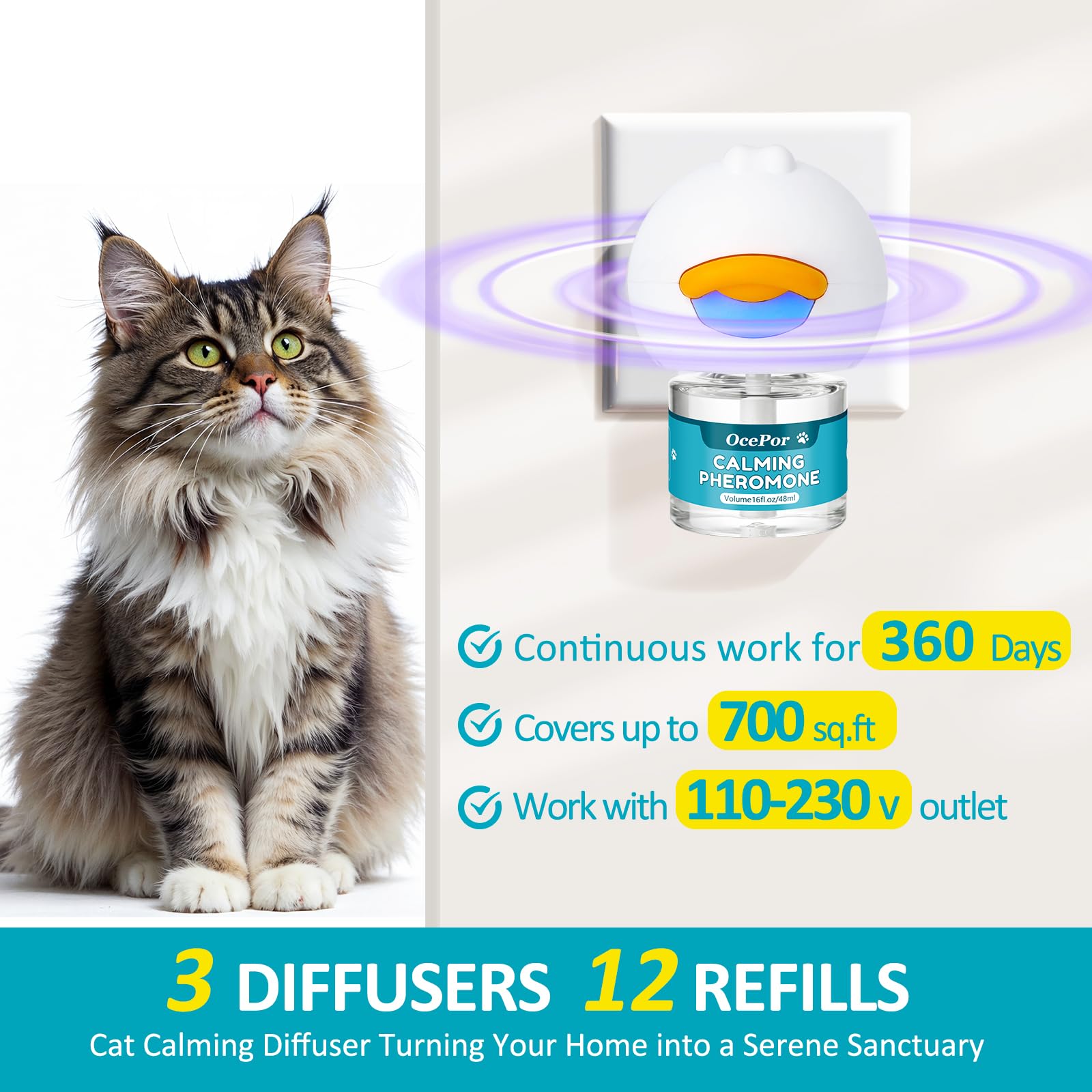 OcePor Diffuseur apaisant pour chat, 12 solutions de recharge, 3 prises - Recharge de diffuseur apaisant de phéromones pour apaiser les chats, soulager l'anxiété des chats