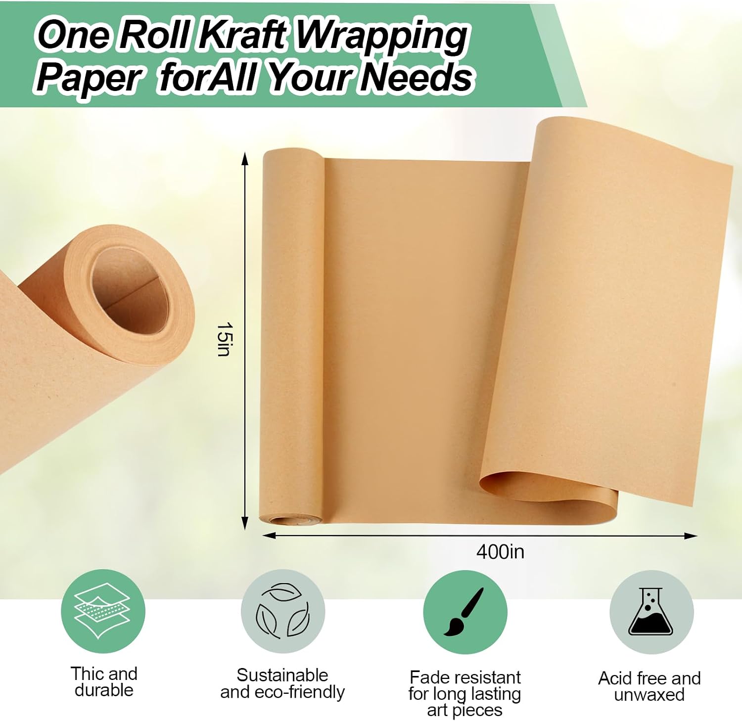 Phinus 15"×400" Brown Paper Roll, Brown Wrapping Paper, Craft Paper, Wrapping Paper, Packing Paper for Moving, Packing, Gift Wrapping, Wall Art, Table Runner, Floor Covering