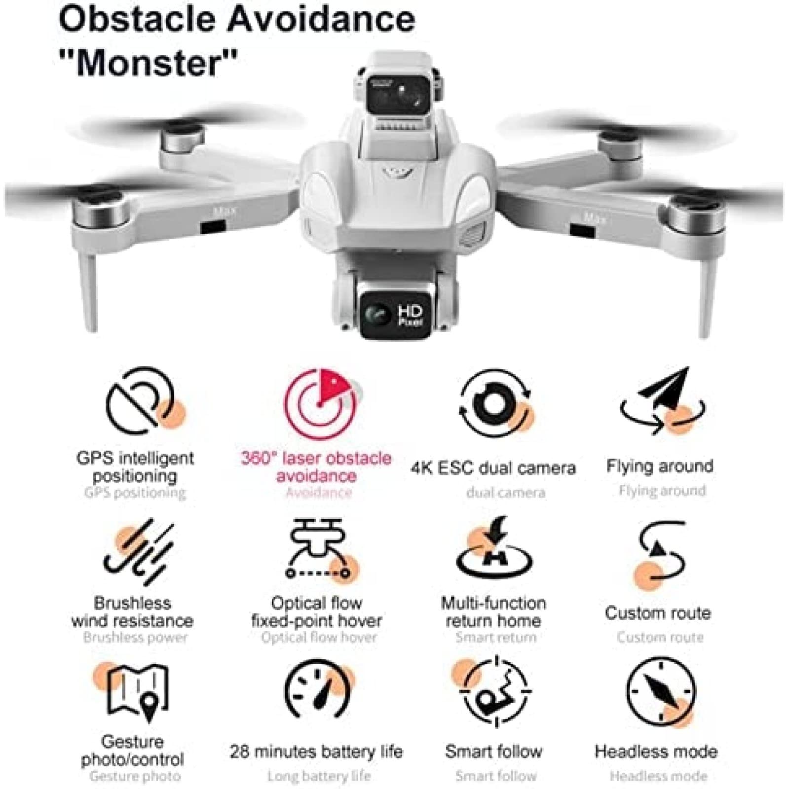 Droni con fotocamera per adulti Drone 4K per evitare ostacoli 60 minuti di volo 1 km Portata del telecomando Drone GPS Ritorno automatico a casa Quadricottero RC senza spazzole,Bianca
