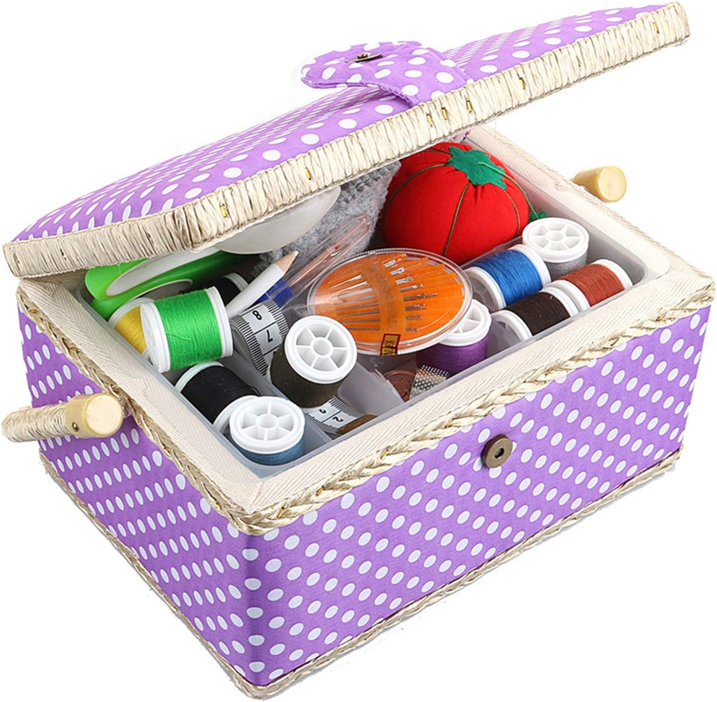 Sewing Basket with Accessories Sewing Kit Storage Organizer with Tools, Wooden Sewing Box with Removable Tray Tomato Pincushion for Mending - Purple