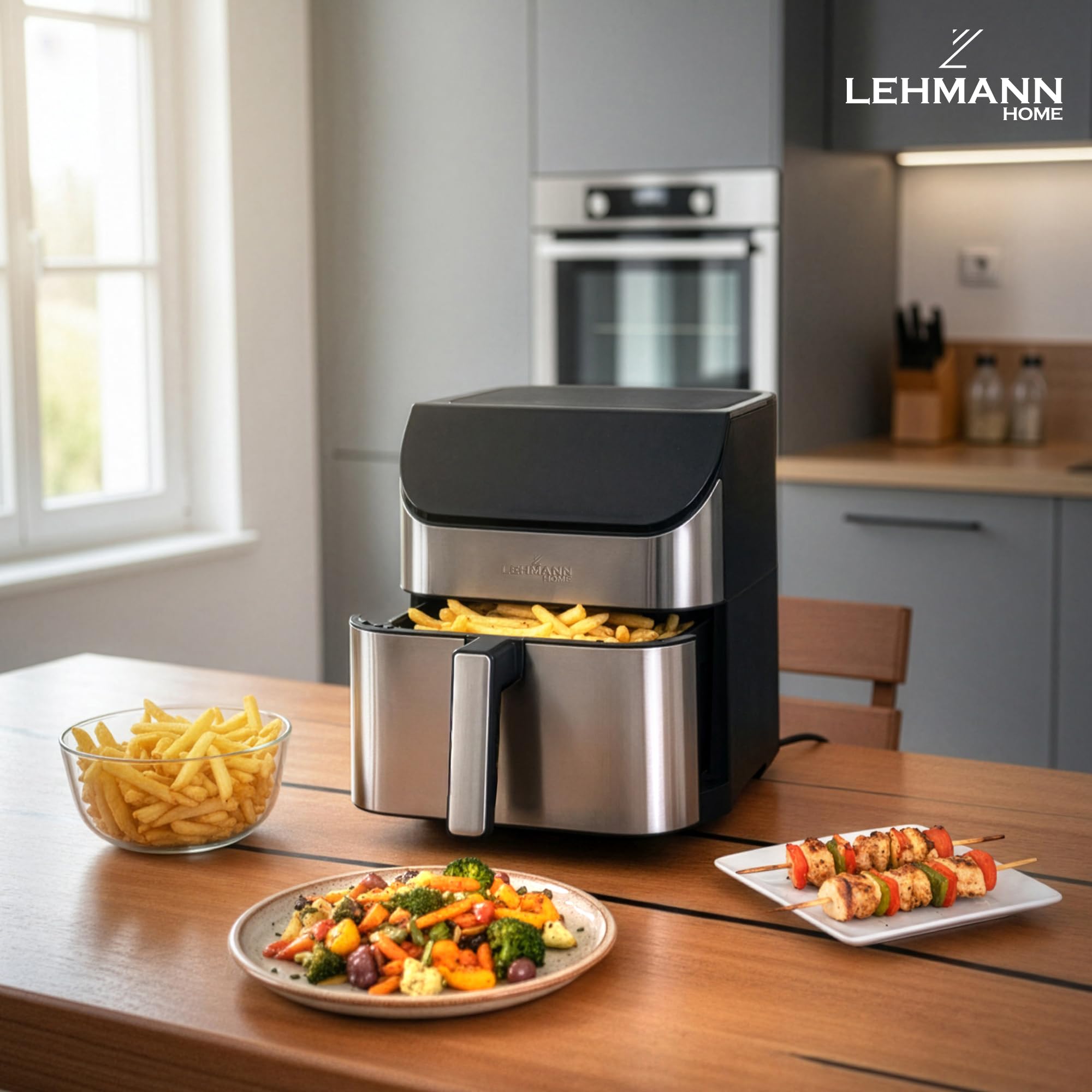 LEHMANN Air Fryer XXL 8L avec Compartiment Flexible Dual Zone, 12 programmes, Réglage de la Température 76-200 °C, Écran Tactile LED, Revêtement Antiadhésif, 90% de Matières Grasses en Moins