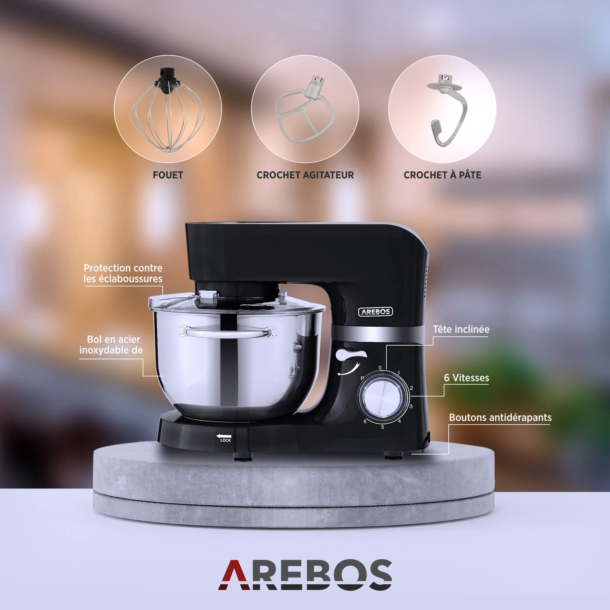 Arebos Robot Pâtissier Professionnel 1500W | Noir | Robot de Cuisine Multifonction avec Fouet, Batteur, Crochet | Avec 2 Bols d'Acier Inoxydable | 6 Vitesses | Fonction Pulse