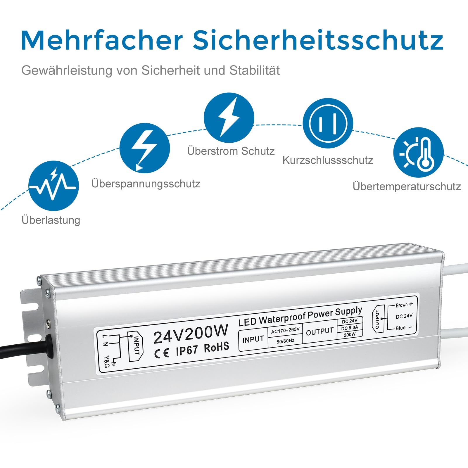 inShareplus Trasformatore LED 24 V 8,33 A 200 W IP67 impermeabile driver per esterni, AC 220 – 240 V a DC 24 Volt a bassa tensione, alimentatore da 24 V per luce LED, progetto computer, uso esterno