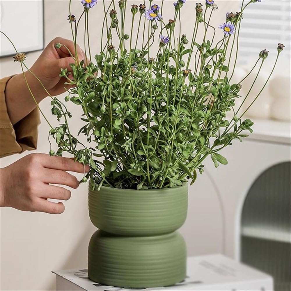 Doniczka na rośliny, zielona ceramiczna doniczka na kwiaty, okrągła donica z poziomymi paskami, ze spodkami, tacą i otworami drenażowymi, pojemnik na rośliny, na balkon, do salonu, kuchni