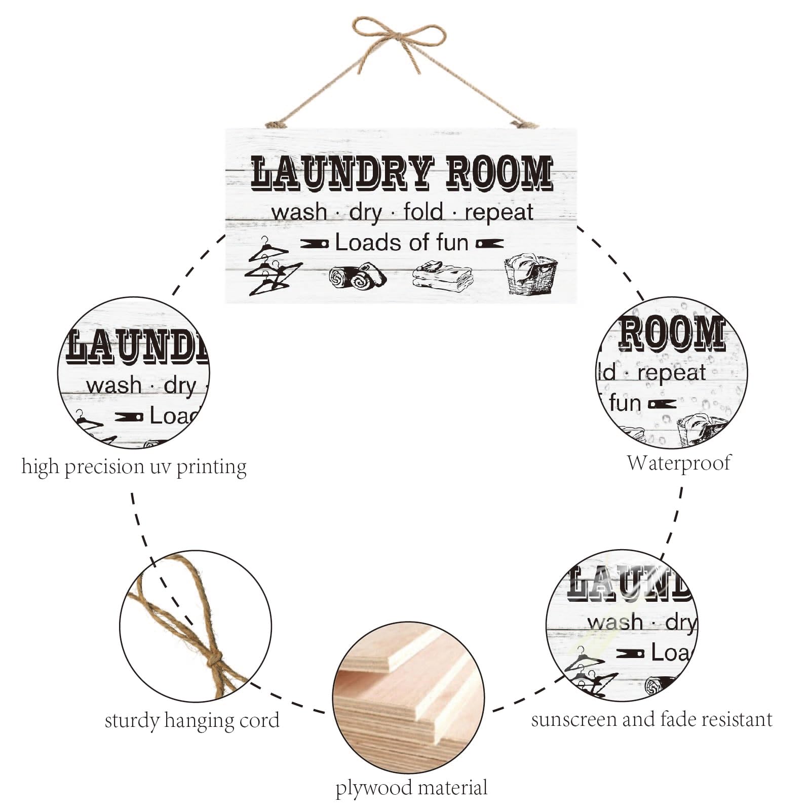 CREATCABIN Wooden Wall Sign Rustic Laundry Room Hanging Sign White Wood Laundry Room Personalized Hanging Decor with Jute Twine for Front Door Home Decoration Farmhouse Family Bathroom 12x6in - Image 3