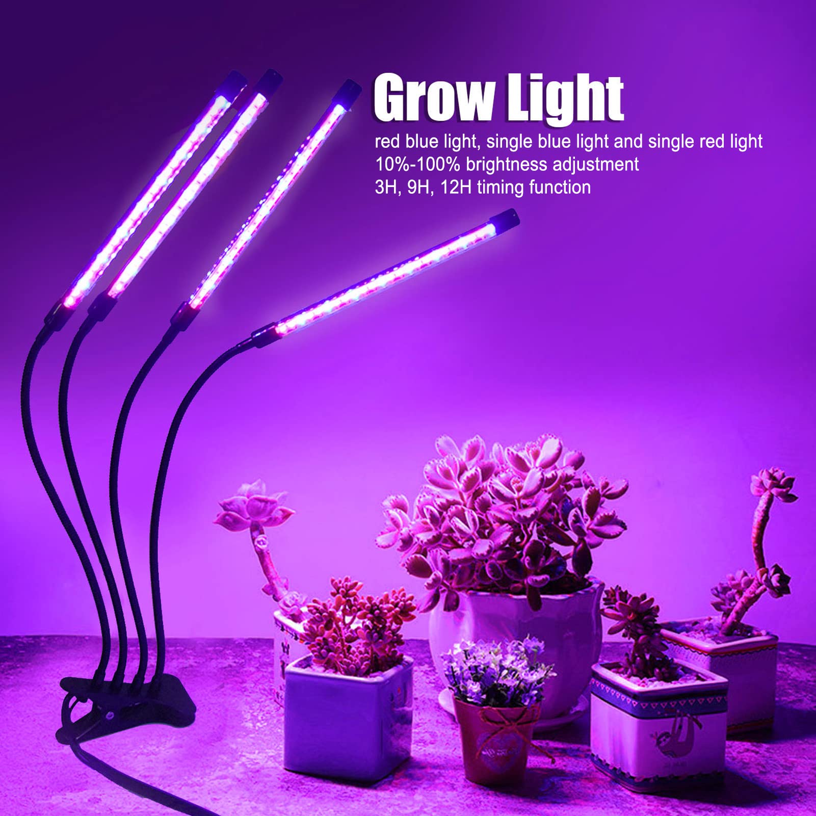 Plant Grow Light, 4 głowice Full Spectrum Growing Light 40W 3 ściemnialne poziomy Lampa LED do roślin z zaciskiem i zegarem do roślin domowych