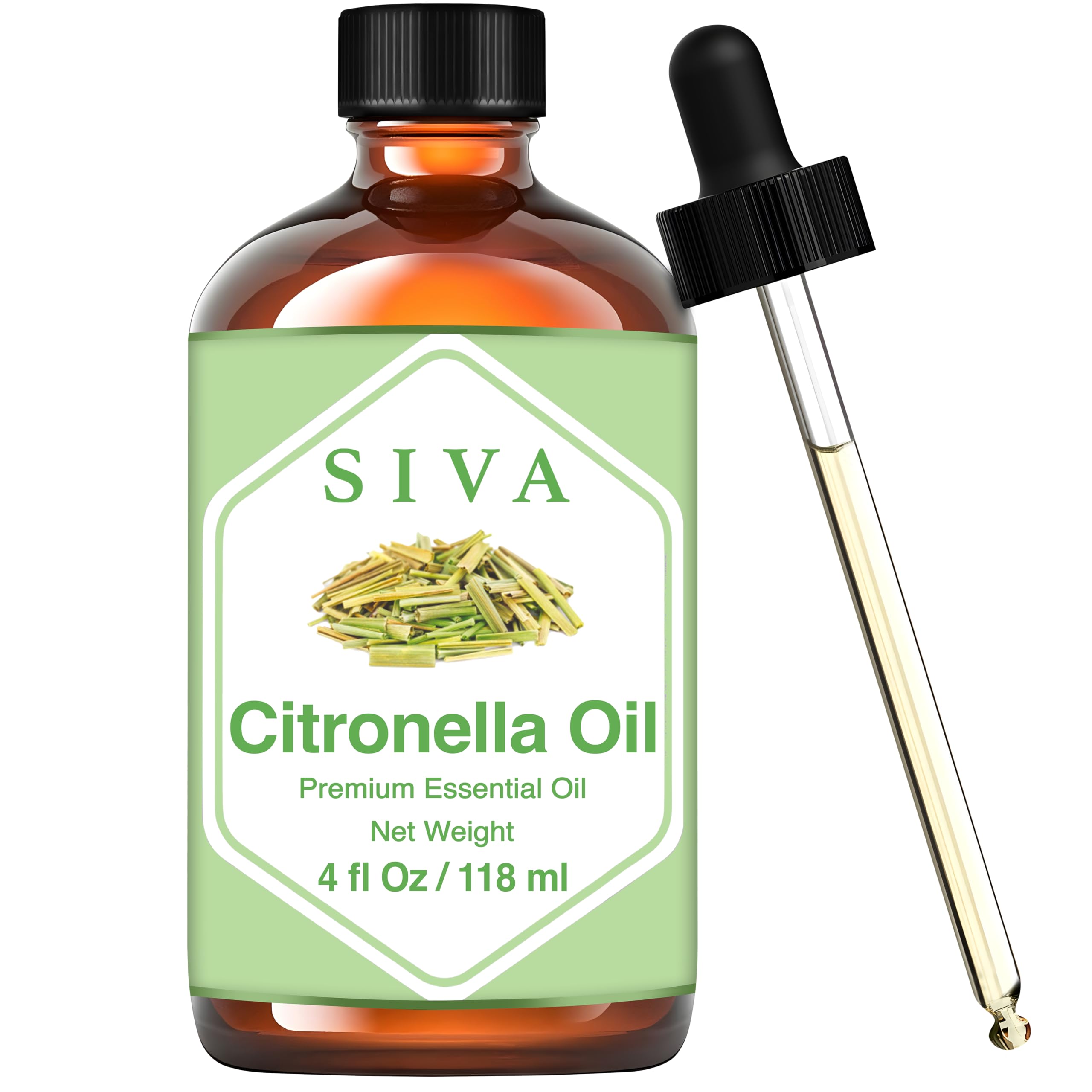 Siva Citronella Essential Oil - 4 Fl Oz – Natural Citronella Oil - for Diffuser, Face, Skin Care, Aromatherapy, Hair Care, Scalp and Body Massage - with Dropper