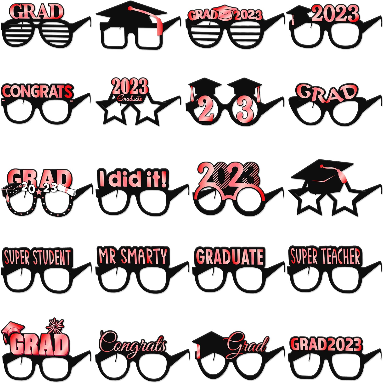 2023 Graduation Photo Booth Props Glasses - 20-Pack Red Graduation Party Glasses for Photos