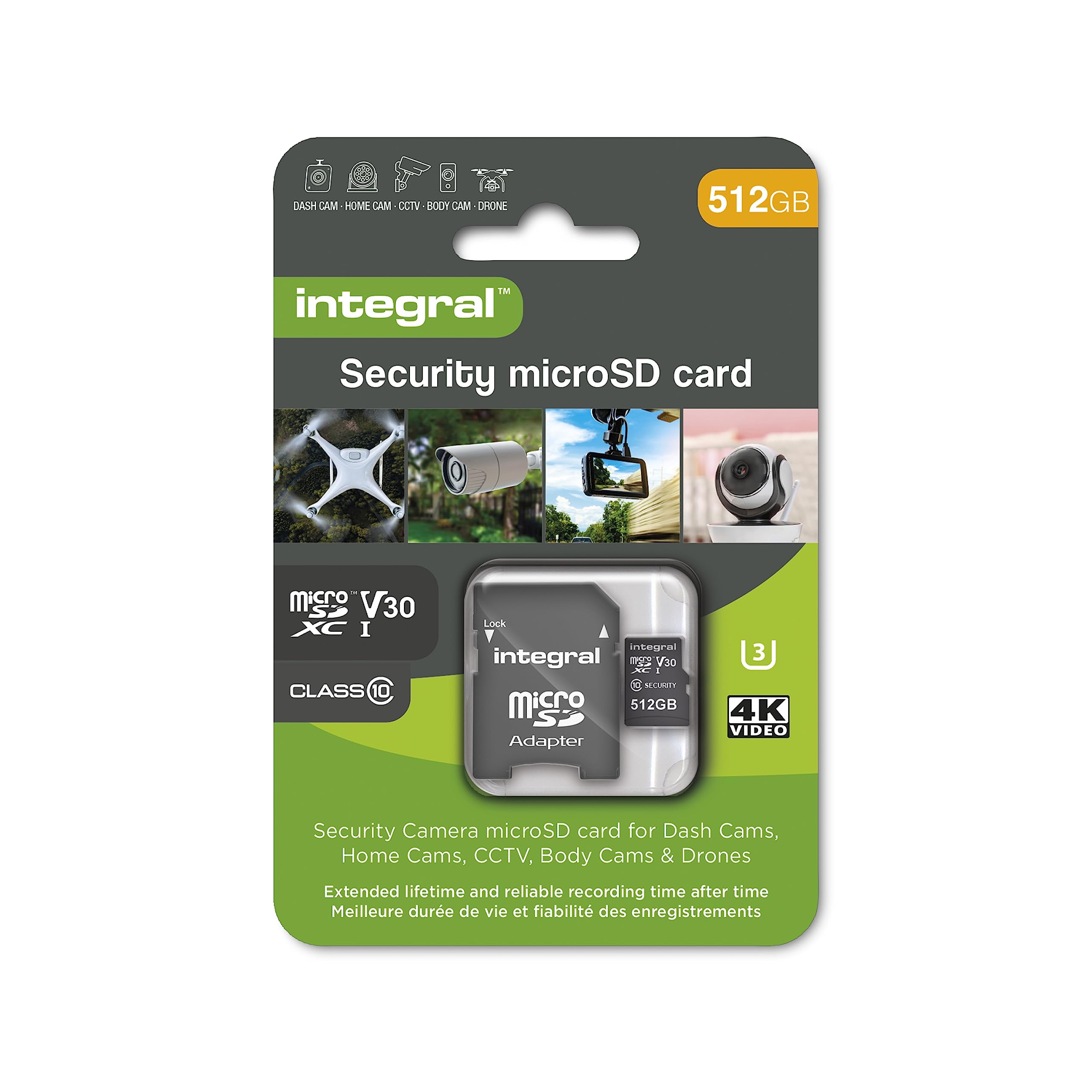 Integral Carte de sécurité Micro SD 512 Go pour caméras embarquées, caméras domestiques, vidéosurveillance, caméras corporelles et Drones Durée de Vie prolongée et Enregistrement fiable à Chaque Fois
