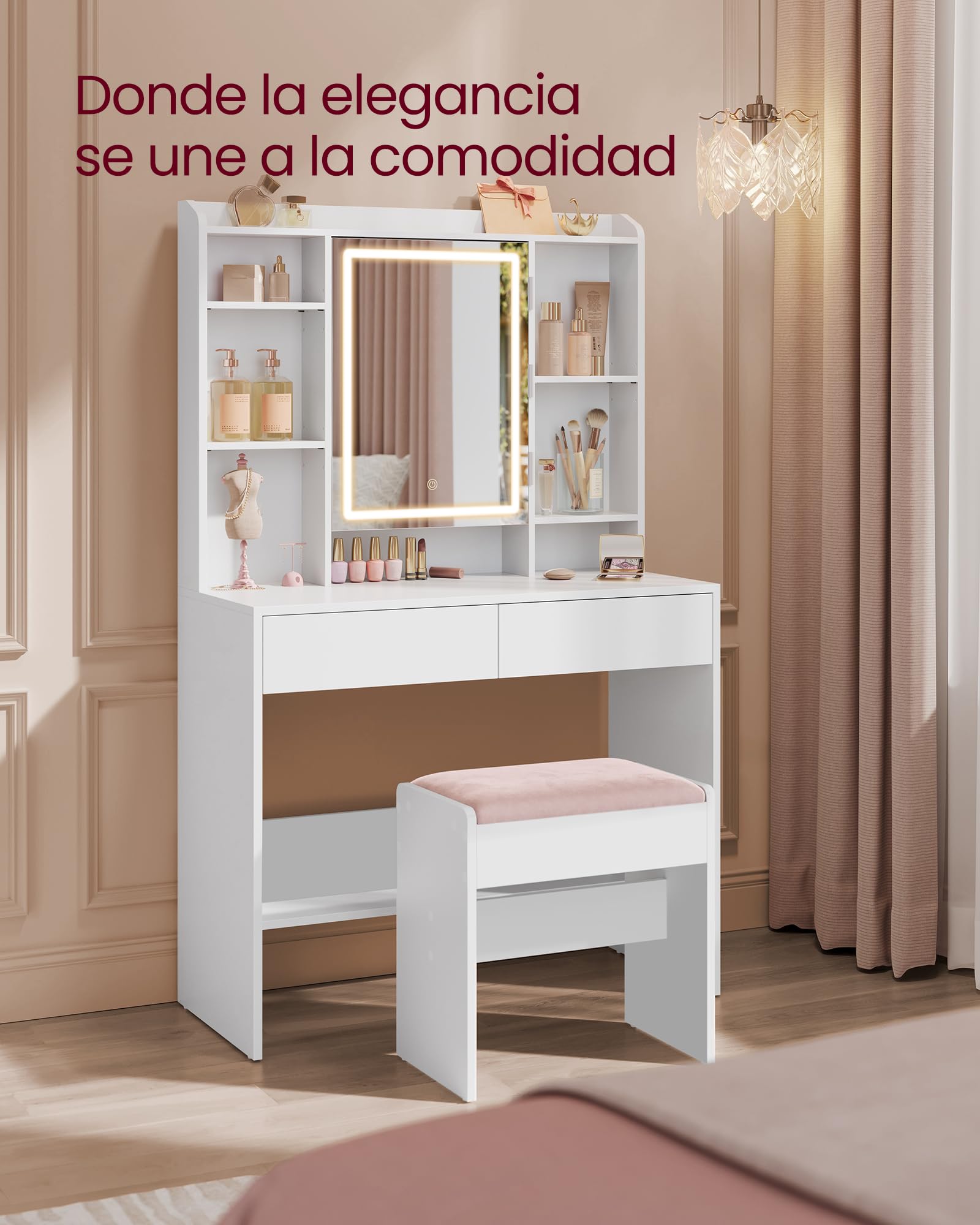 VASAGLE Taburete de Tocador Tapizado de Terciopelo Reposapiés Antideslizante Blanco Mate y Rosa Jalea RDS001W01
