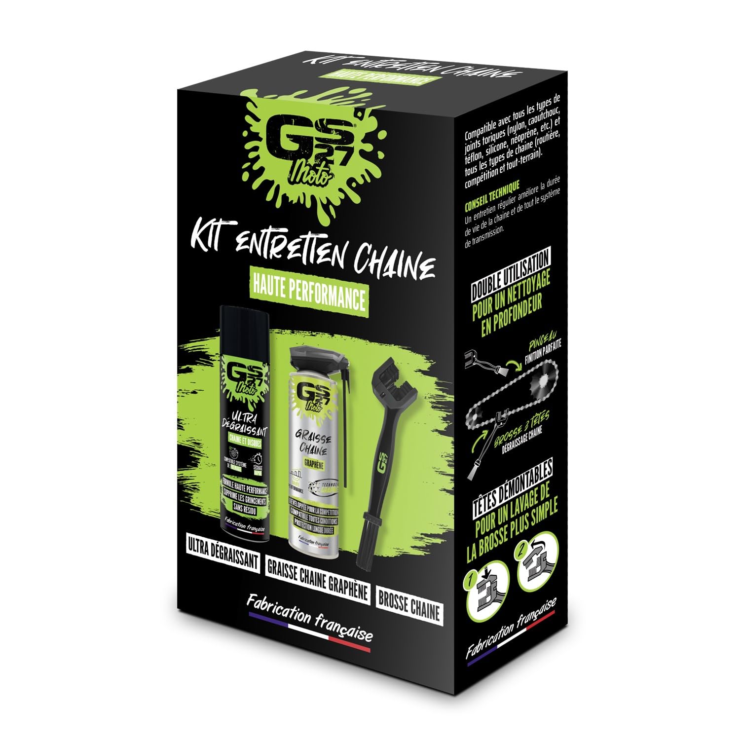 GS27 - Kit Entretien Chaine GS27 Moto - Haute Perfromance - 1 Ultra Dégraissant / 1 Graisse Graphène / 1 Brosse Chaine