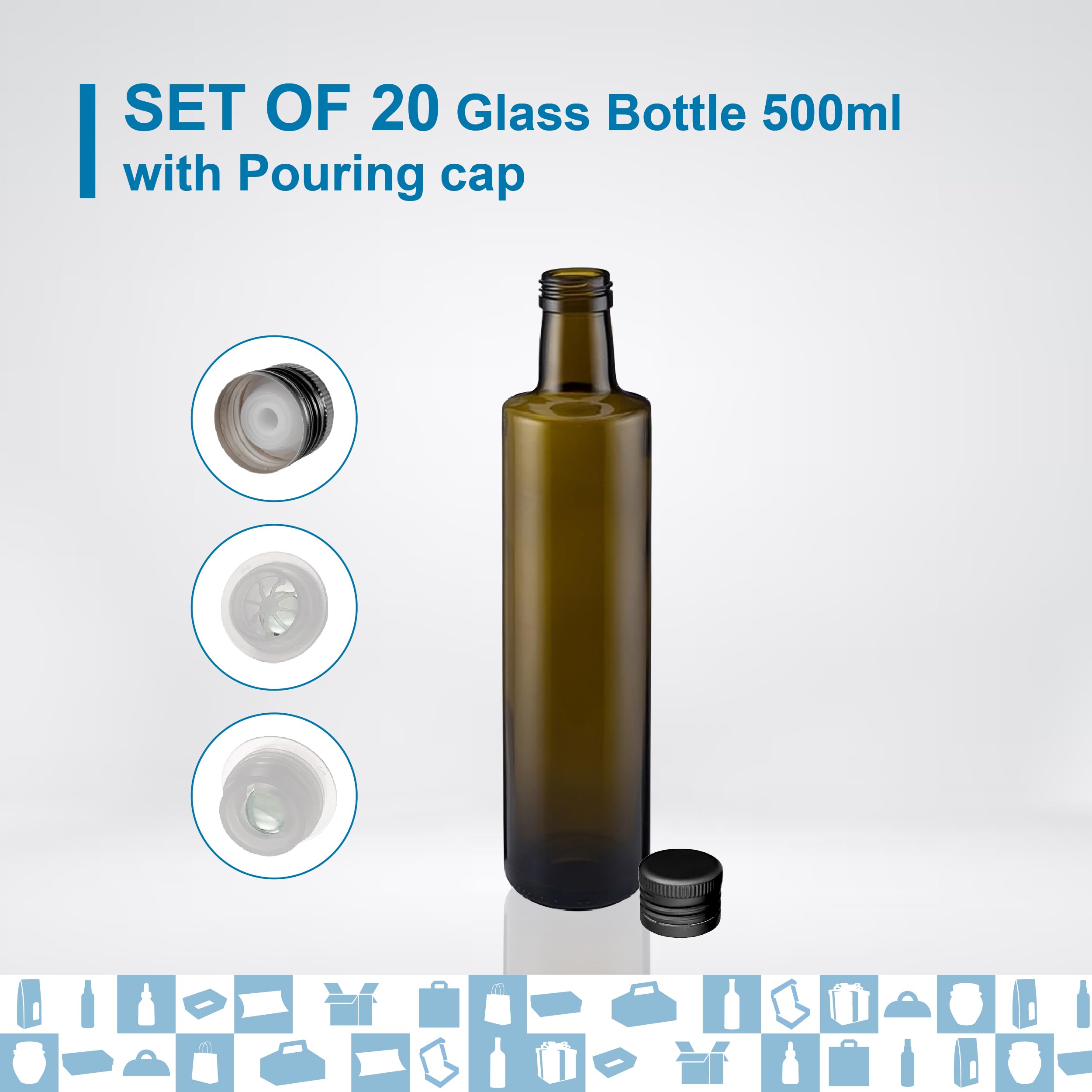 Espirito Rebelde - 20 botellas de vidrio oscuro 500 ml con tapón de rosca negro con boquilla para verter - Aceite de oliva, vinagre, alcohol, salsas - aceitera