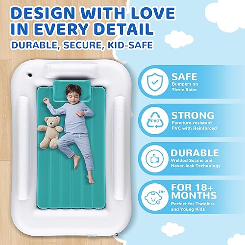Miniatura 29 de Cama inflable de viaje para niños pequeños, cama portátil de 60 pulgadas para viajes con lados de seguridad, acogedor juego de colchón de aire