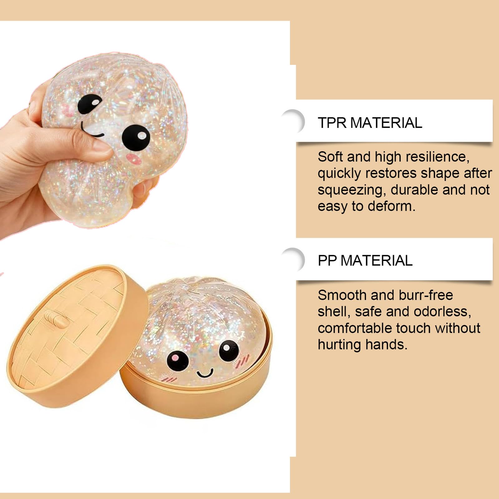 Glitter Dumpling Squishies Box, Glitter Dumplings Squishiest Toy with Steamer Box, Soft Squeeze Decompression Dough, Dumplings Sensory Squeeze Toy for Stress Relief — view 3