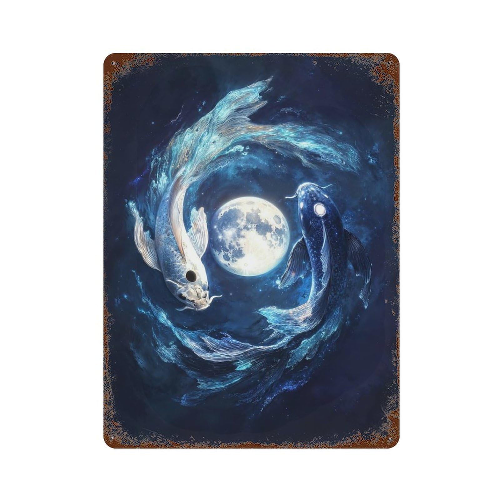Vintage Rust Metal Sign with Moonlit Dance of The Koi Design 15.7"x11.8", for Garage, Bar And Workshop Decor, Retro Wall Decor