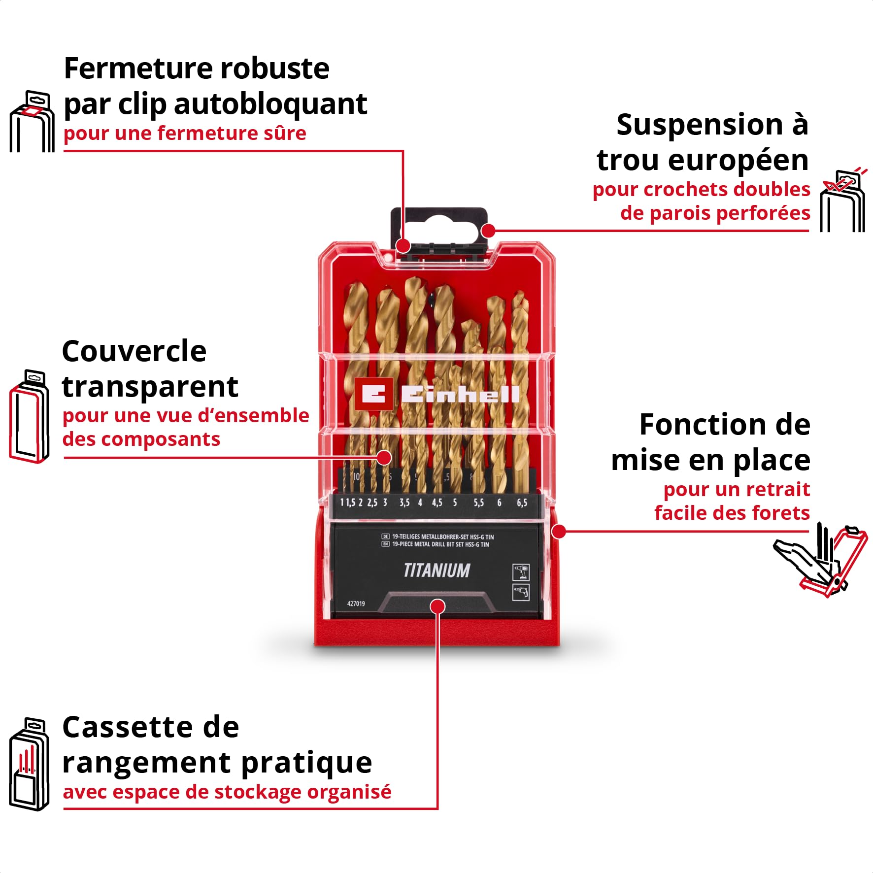 Einhell 19 pièces jeu de forets métal HSS-G TiN, Ø 1–10 mm | Acier HSS | revêtement nitrure de titane | pointe Split Point 135° | spirale N fraisée | queue cylindrique | coffret incl.