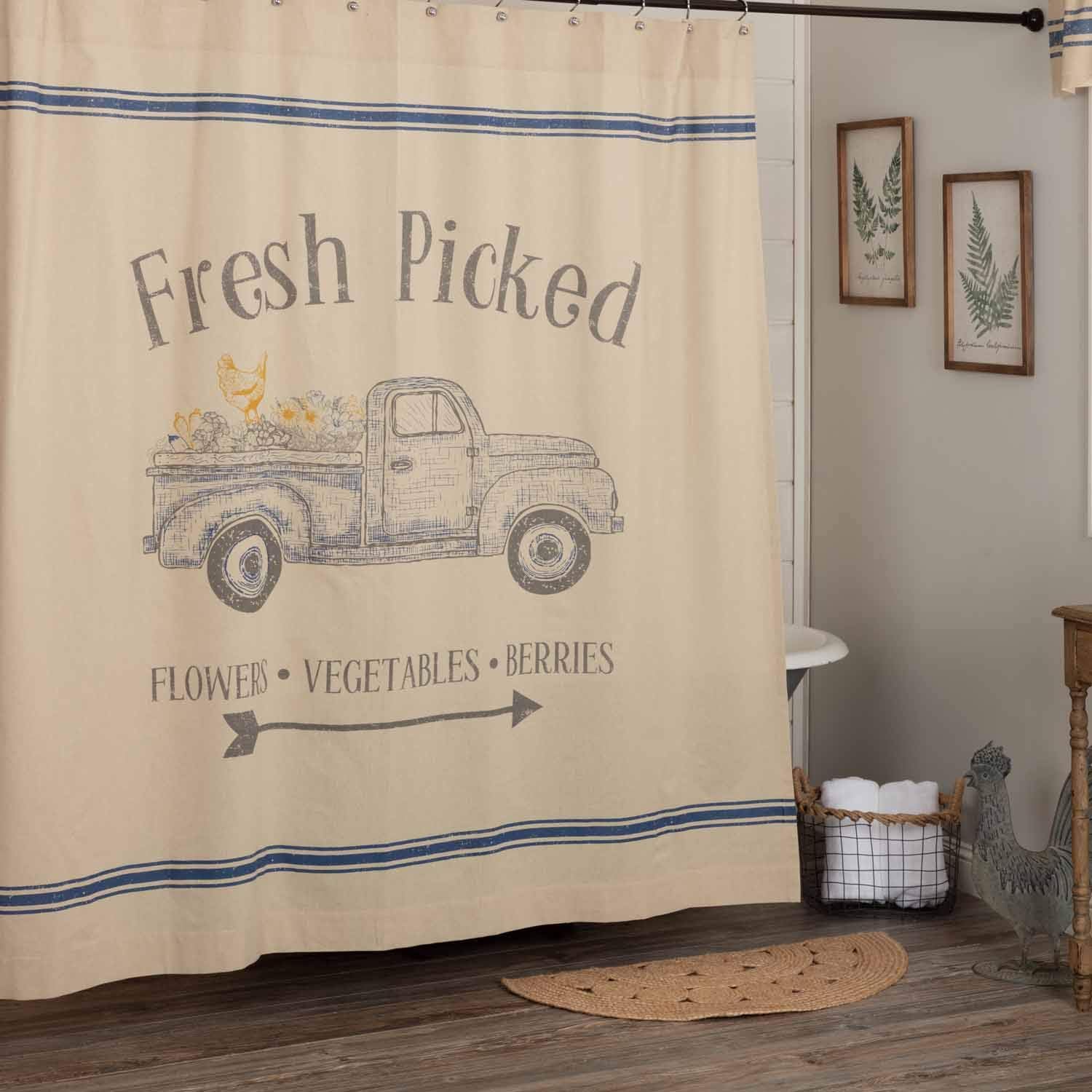 Piper Classics Fresh Picked Shower Curtain, Printed Blue Farm Truck/Produce & Flowers, 72" x 72", Bathroom Curtain