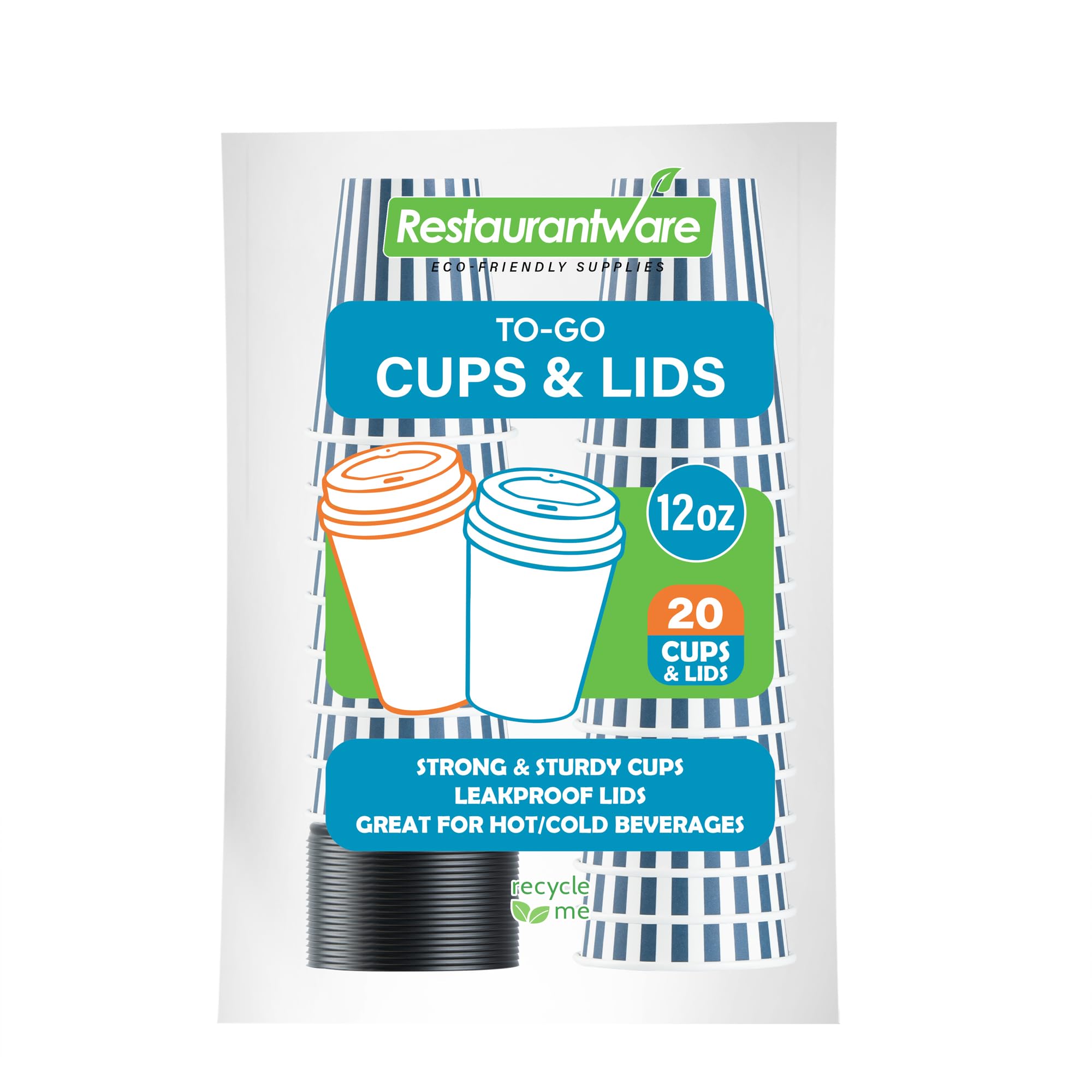 12 Ounce Disposable Coffee Cups With Lids, 20 Hot Cups With Lids - Sleeves Sold Separately, Single Wall, Blue And White Stripe Paper Coffee Cups, For All Kinds Of Beverages - Restaurantware
