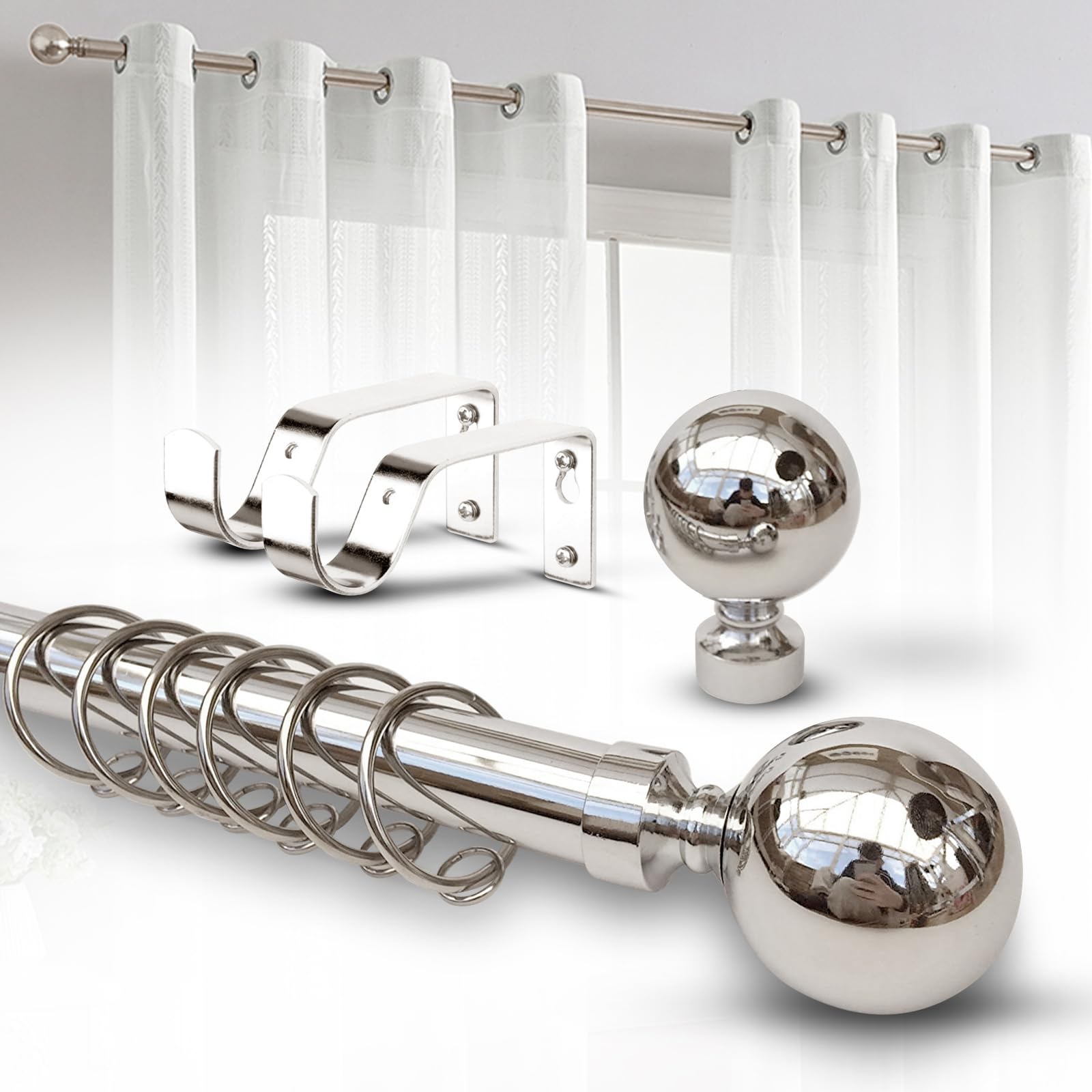 Imperial Rooms Plain Metal Ball Curtain Poles Metal Extendable - Includes Curtain Rod, 60mm Size Finials, Rings, Brackets & Fittings Set (Brushed Silver, 70-120 Cm, 28 Inches to 48 Inches) โ image 1