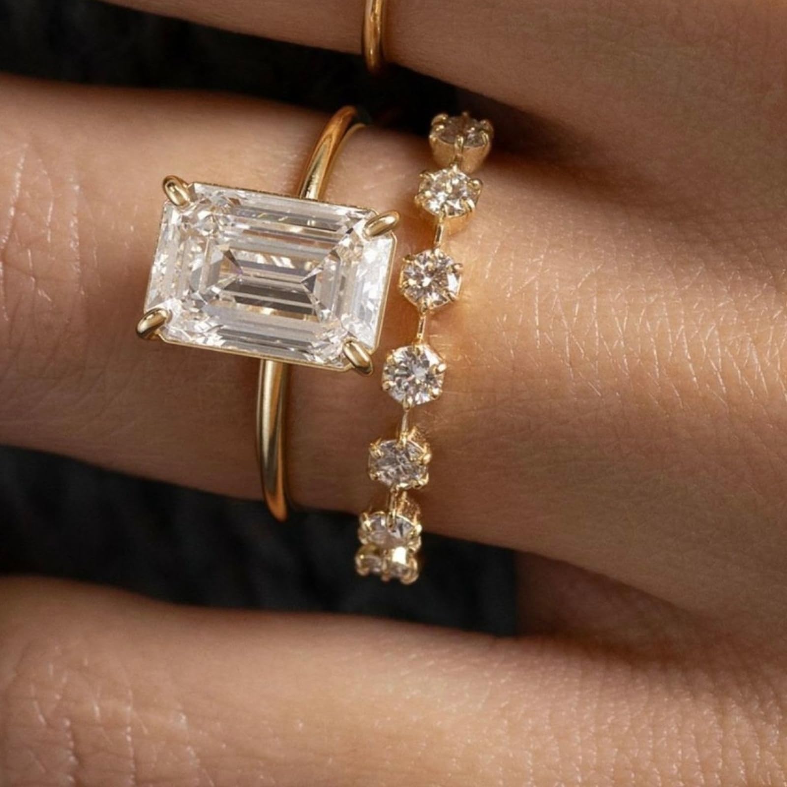 Set di fedi nuziali da donna in oro giallo 18 carati, in vero oro, con moissanite rettangolare, impilabile, anello a doppia fascia personalizzato