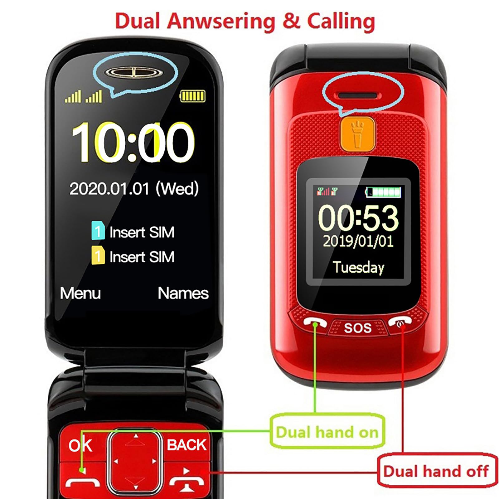Urządzenie Zapasowe Dla Osób Starszych/dzieci, Odblokowany Telefon Komórkowy Z Klapką, Podwójny Ekran 2,4"/1,44", Podwójna Karta SIM, Multimedialne MP3, Bateria 2800 MAh, Duża Klawiatura,Black
