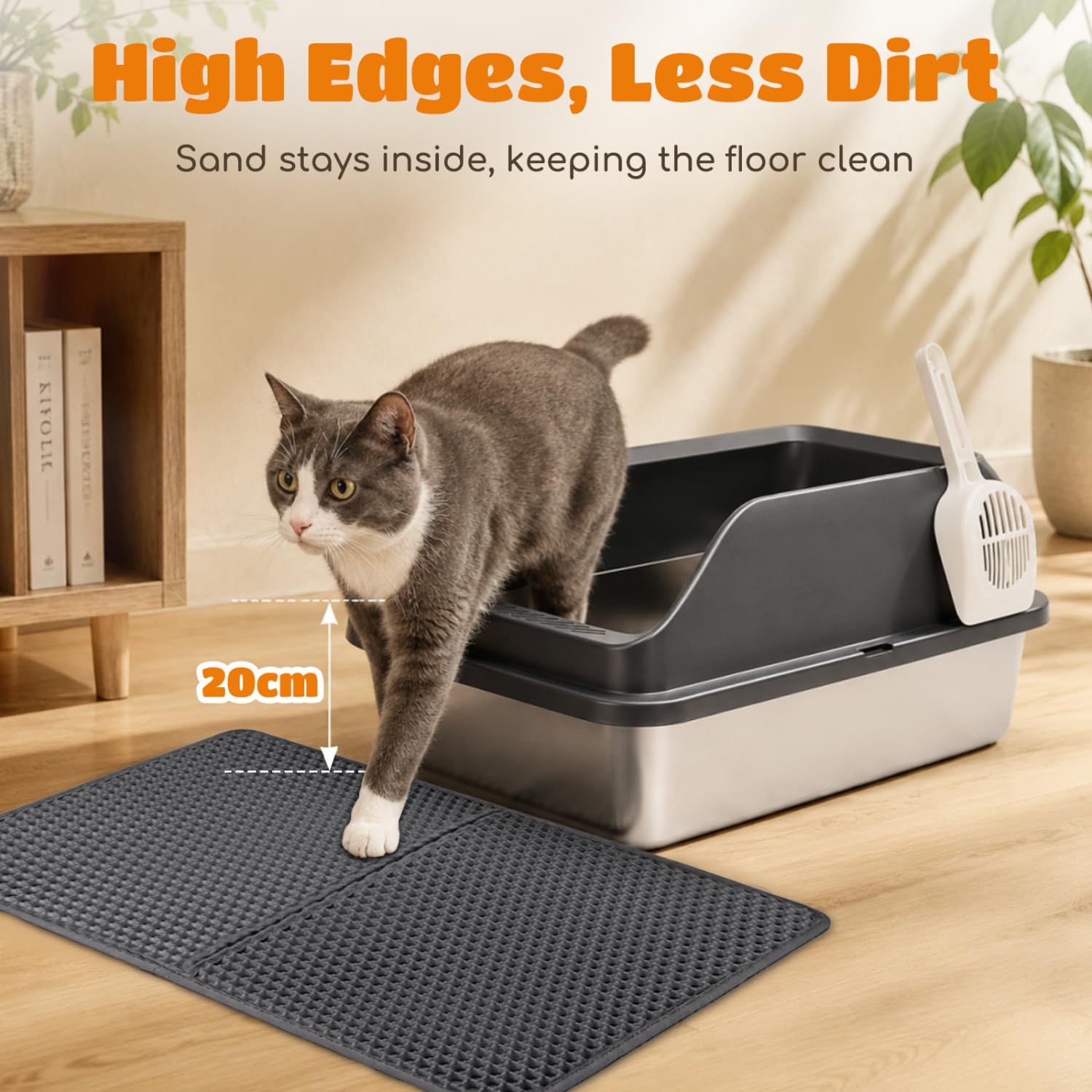 Nobleza Edelstahl Katzentoilette mit Hohem Rand, Anti-Spritz Katzenklo Set inkl. Waben-Katzenstreumatte und Schaufel, Geruchsneutral, 61 x 40,5 x 31 cm, Silber/Grau