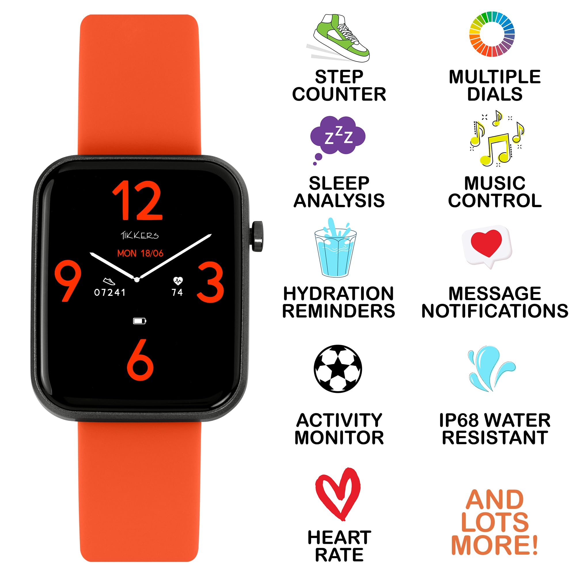 Tikkers Kids Series 13 Smart Watch con Fitness Tracker, sveglia, fotocamera, connessione GPS, cardiofrequenzimetro, contapassi, touch screen, cinturino in silicone arancione, Arancione, misura unica