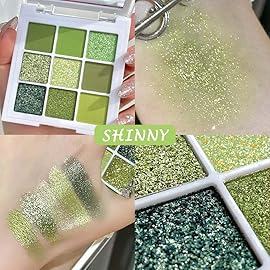 AMY\'S DIARY Light Bright Green Glitter Shimmer Eye Shadow Makeup Palette 9 Colors, Emerald Dark Avocado Neon Green Highly Pigmented Matte Glitter Shimmer Pearl Waterproof for woman