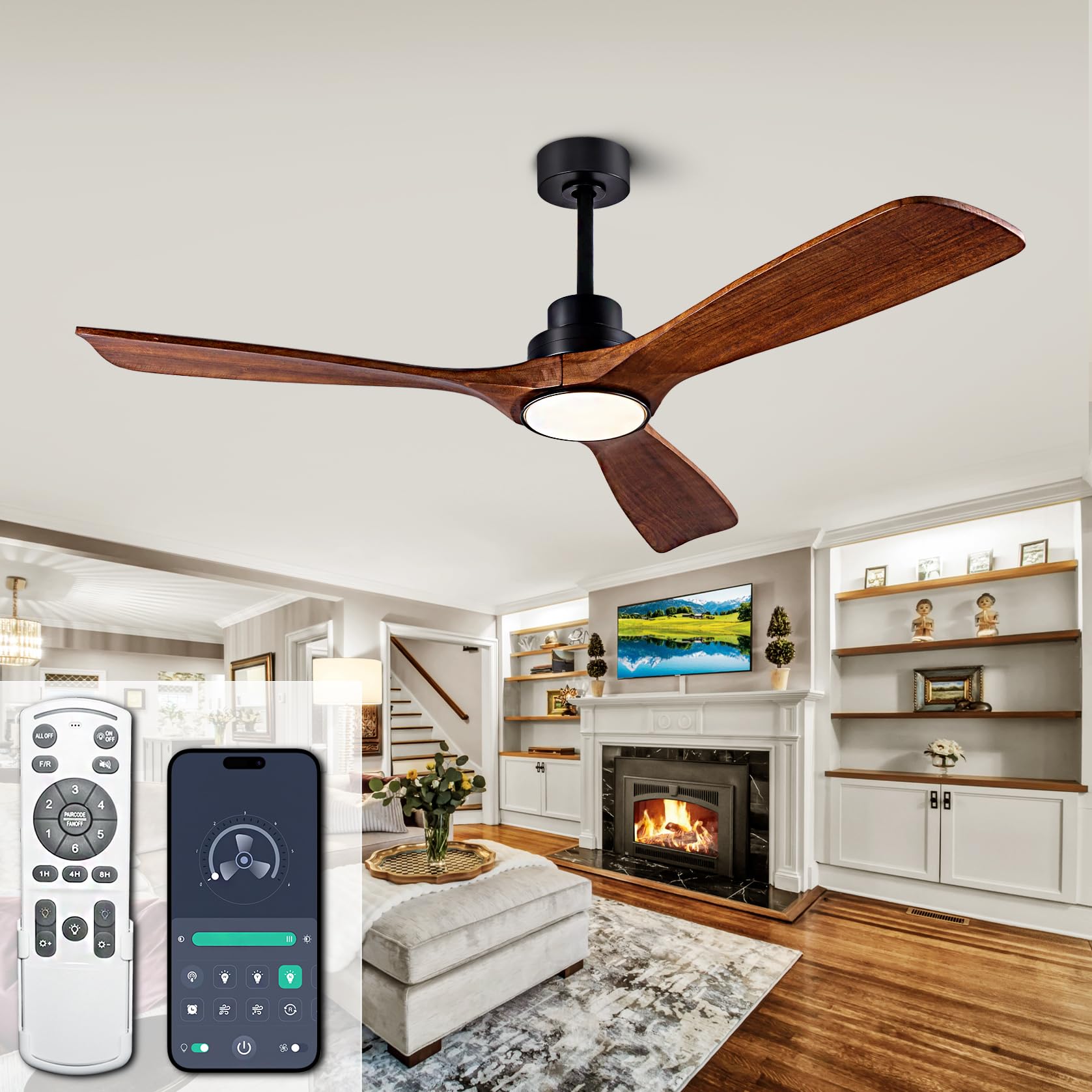 Ceiling Fans with Lights, 52 Inch Ceiling Fan with Remote/APP Control,3CCT Dimmable Light,Noiseless Reversible DC Motor,3 Solid Wood Blades,Indoor/Outdoor Ceiling Fans for Bedroom,Farmhouse,Patio