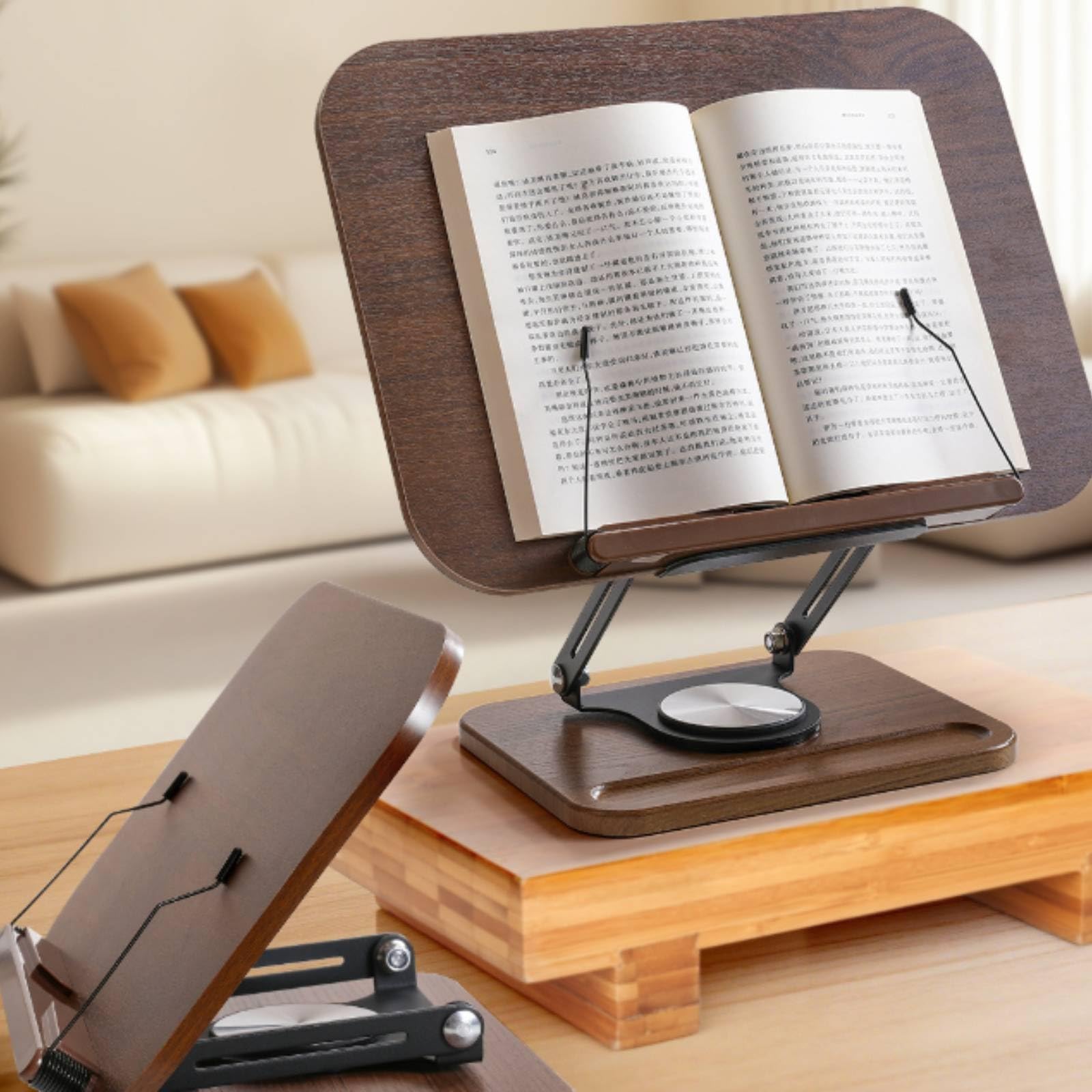 Atril Giratorio para Libros con Portadocumentos Soporte Ajustable Base Antideslizante Sujetapáginas Panel de Madera y Metálicos Rotación 360 Grados, color to 2, Grande