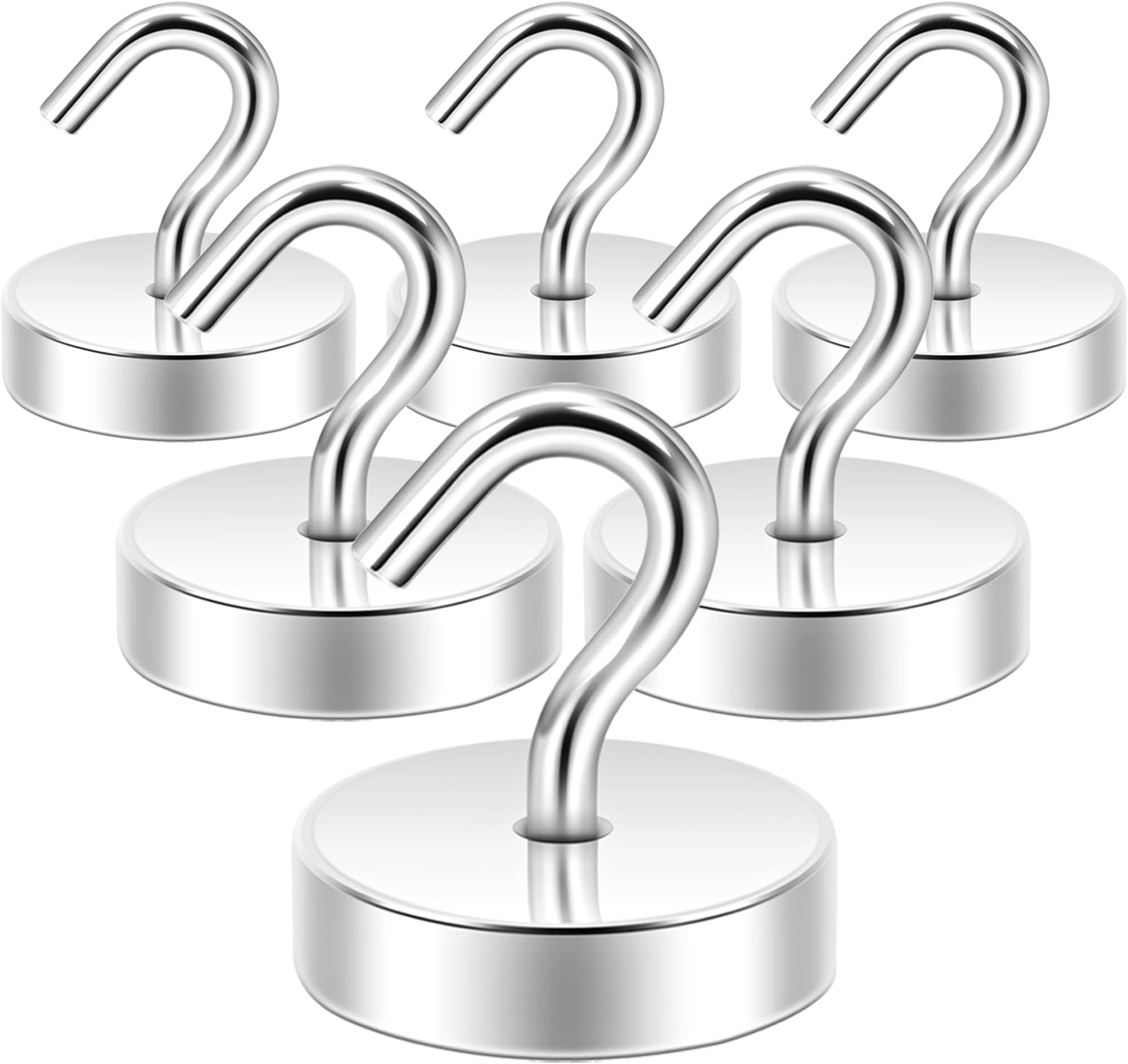 Neosmuk 60lb+ Extra Strong Magnet with Hook for Fridge,Heavy Duty Cruise Hook for Ceiling,Small Magnetic Holder for Van, Tool(Silver, Pack of 6)