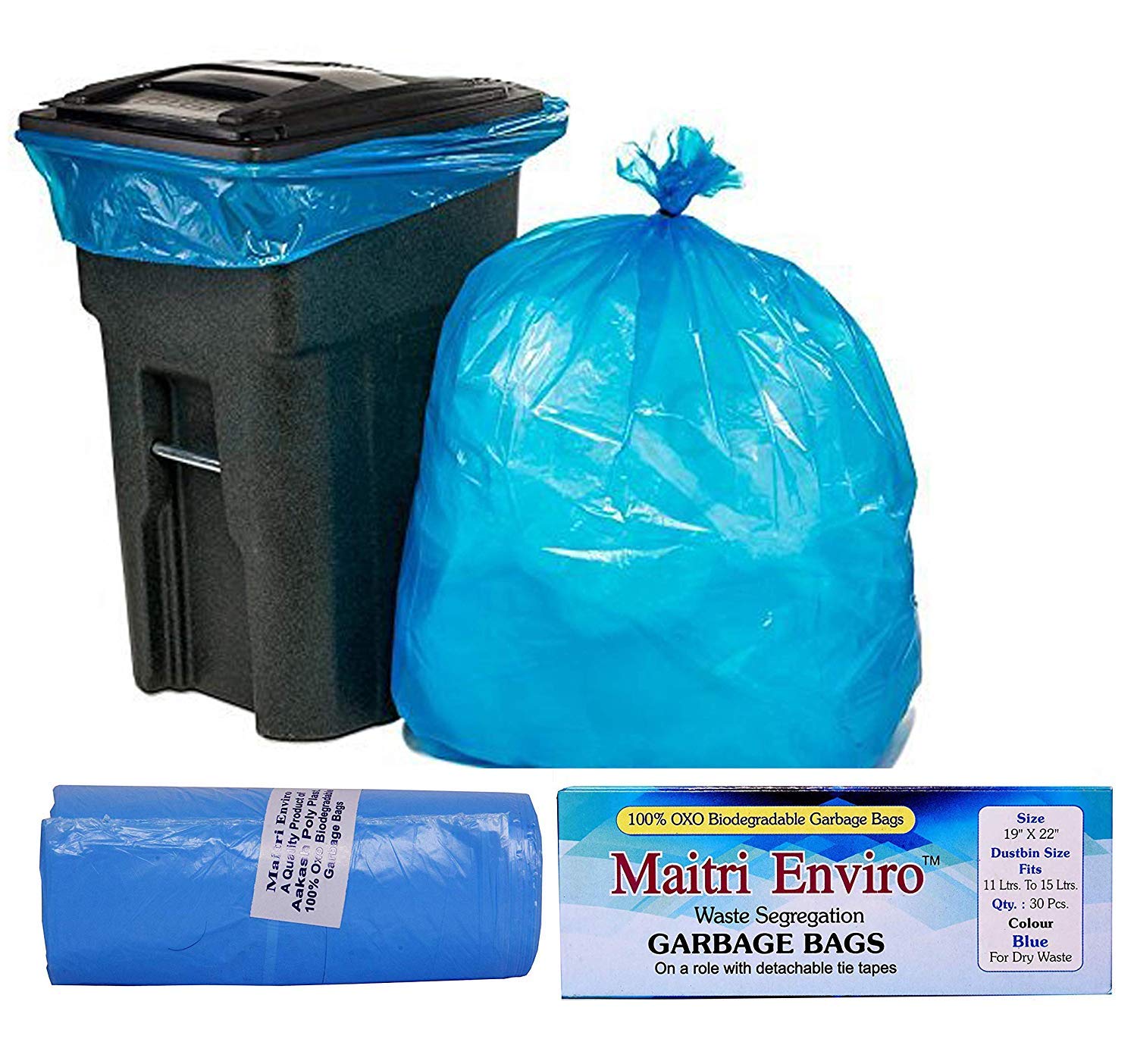 Maitri Enviro Oxo Biodegradable Garbage Bags Roll (Medium) Size 19 inch x 22 inch 6 Rolls (180 Bags) (Blue)