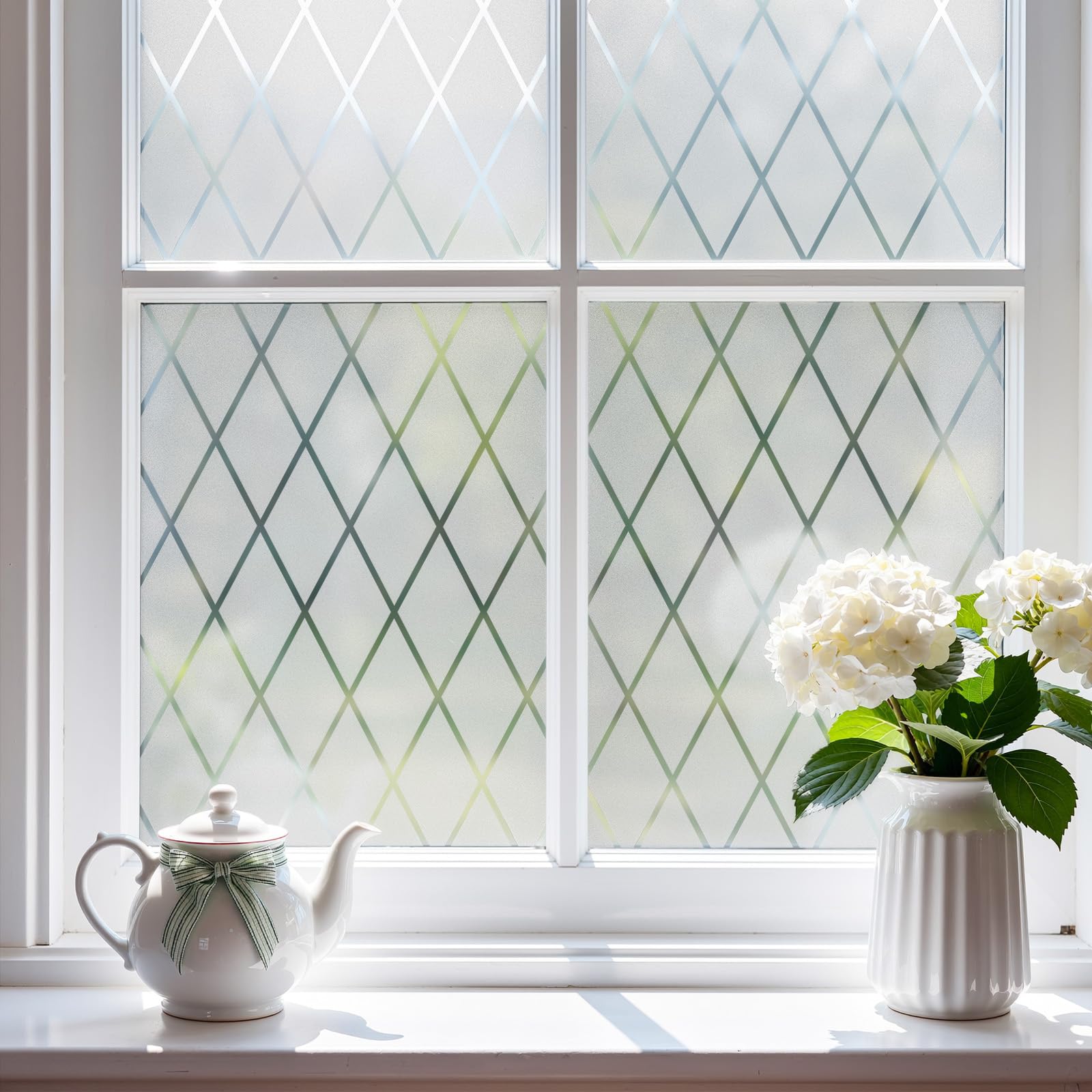 FEOMOS Frosted Lattice Window Film, Window Privacy Film, Decorative Window Cling Non Adhesive, Frosted Glass Film for Windows Doors UV Rejection 44x200cm