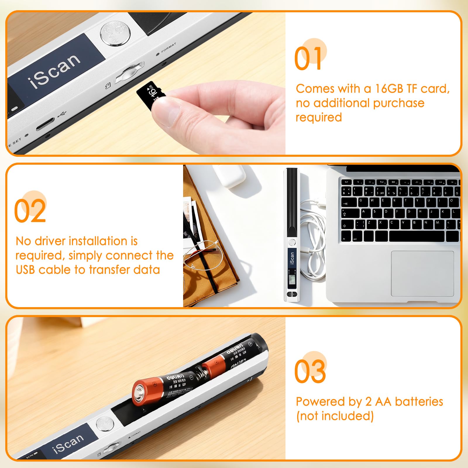 A4 Portable Scanner, USB Image Scanner Handheld Scanners Colour Scanning 900 dpi A4 Portable Document Scanner in JPG/PDF Format (Silver Scanners + 16GTF Card) — view 7