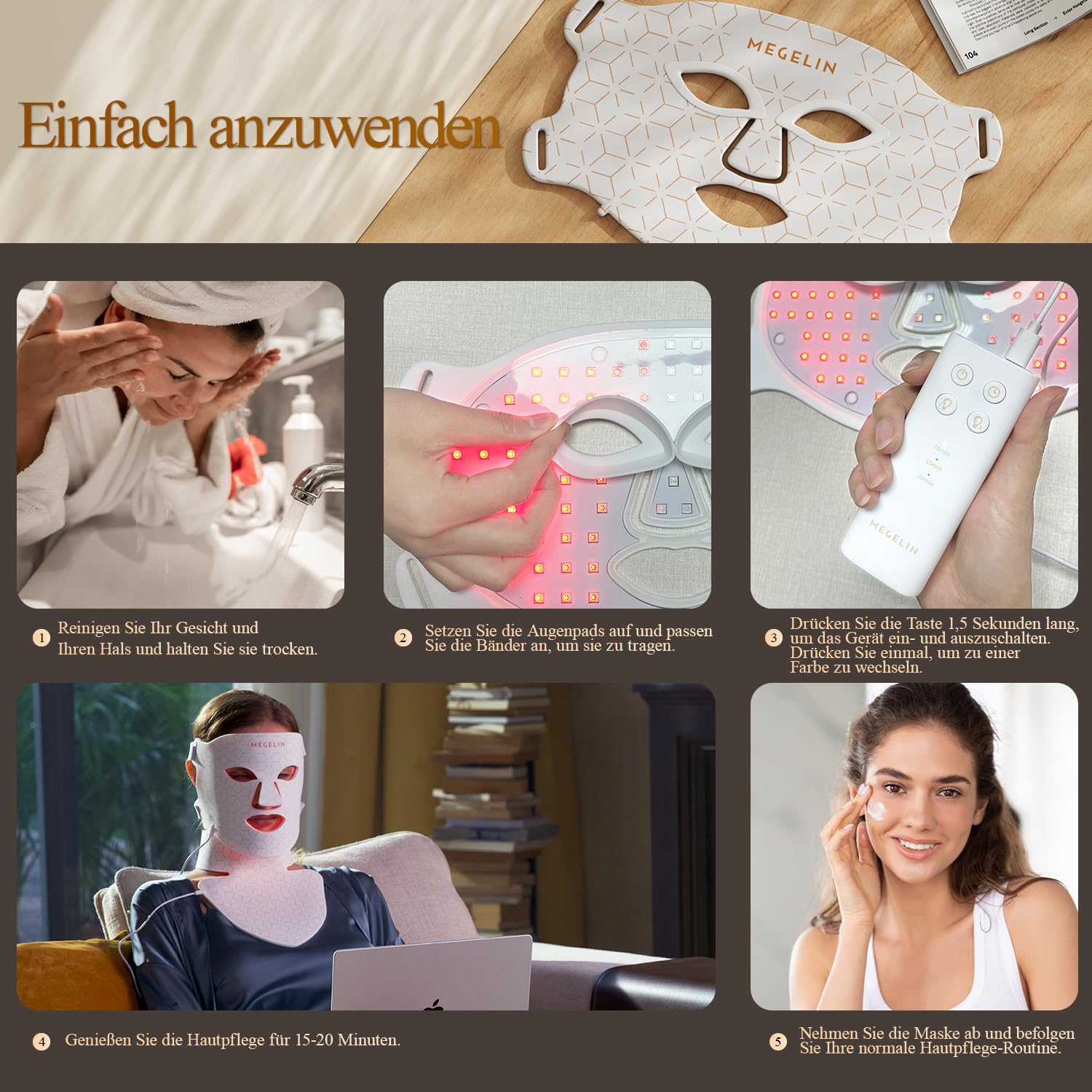 MEGELIN Led Rotlichttherapie Gesicht & Hals Maske, 7 Farben Led Lichttherapie Gesichtsmaske, Infrarot-Rotlicht-Therapie-Maske, Infrarot-Licht-Hautverjüngung (Weiß)