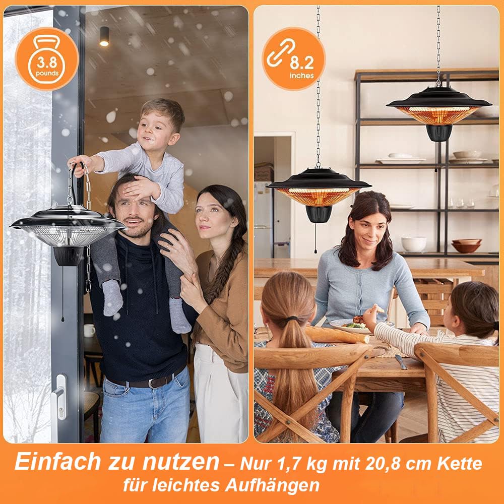 Decken Heizstrahler 1500W Infrarot Terrasse und Balkon Heizung 3 Sekunden Schnellheizung 360 Grad Wärme IP34 Wetterfest Leise Mit Verstellbarer Kette terrasse wärmelampe outdoor indoor camping heizung