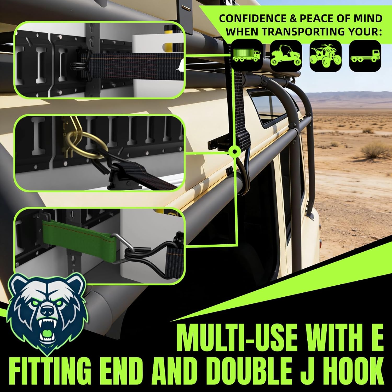 E-Track Ratchet Straps 4 Pack - 2 Inch x 15 Ft - 4400lb Break Strength, 1500lb Working Load Limit - Heavy Duty Truck Trailer Tie Downs for Cargo, Motorcycle, Furniture(Black, W/J Hook)