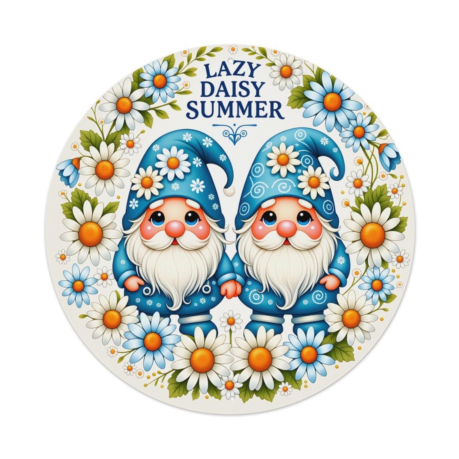 Gnomes Daisies Summer Blue Flowers Round Tin Sign Vintage Style Metal Sign Home Bar Garden Wall Plaque Decor Metal Poster 8x8 Inch