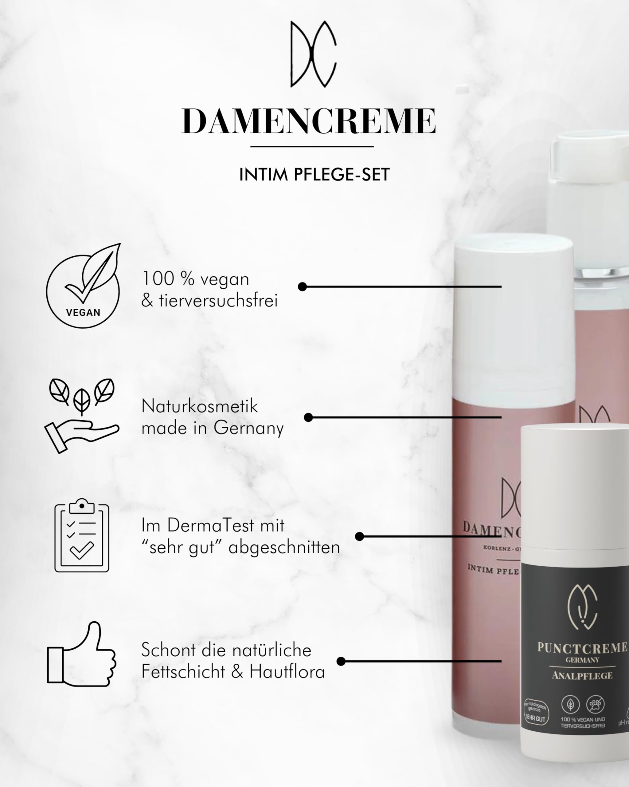DAMENCREME Intim Pflege Set für Frauen I Intim Pflegecreme 75 ml, Duschgel 200 ml & Punctcreme 30 ml I Sanfte Reinigung I Vom Gynäkologen empfohlen I Dermatologisch getestet