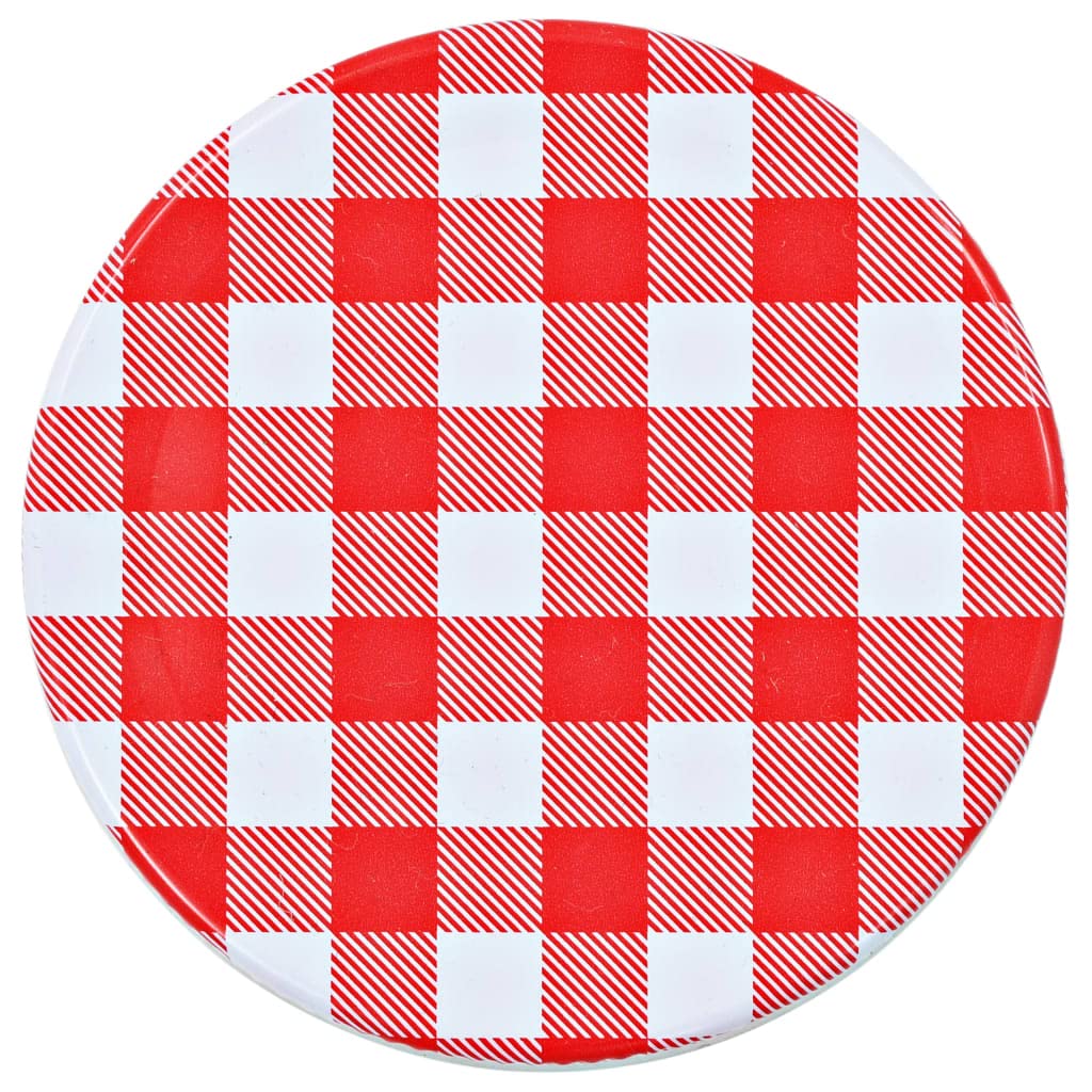 96 transparente Einmachgläser 110 ml mit rot-weißen Deckeln, ideal für Marmelade, Chutney, Essiggurken und Saucen, mit weitem Mund für einfaches Befüllen und Entnehmen.