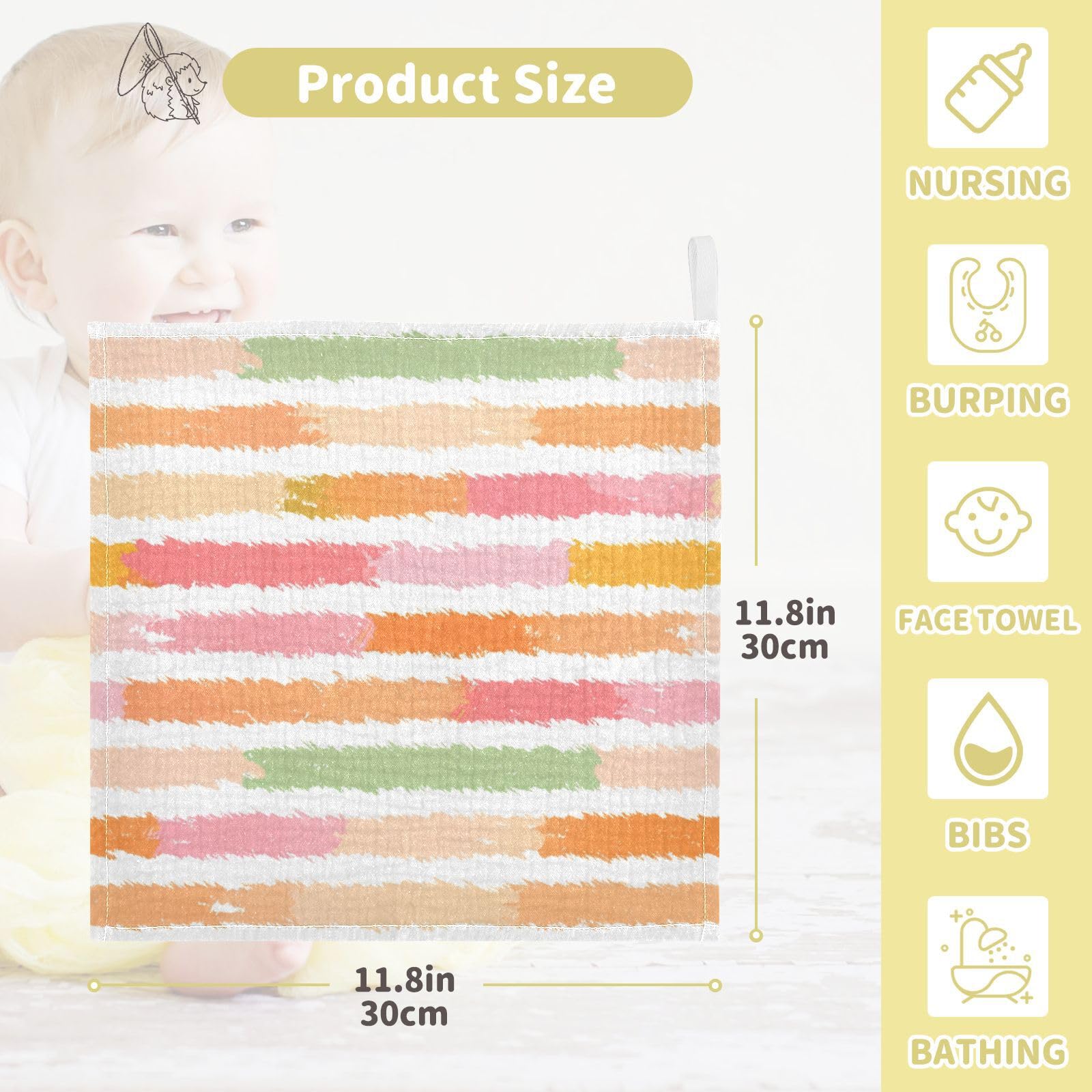 Nander 3Pack Baby Muslin Washcloths,Colorful Stripes Soft Face Cloths for Newborn, Absorbent Bath Wash Cloths, Wipes, Burp Rag,Toddlers Essentials Stuff, Baby Registry as Shower
