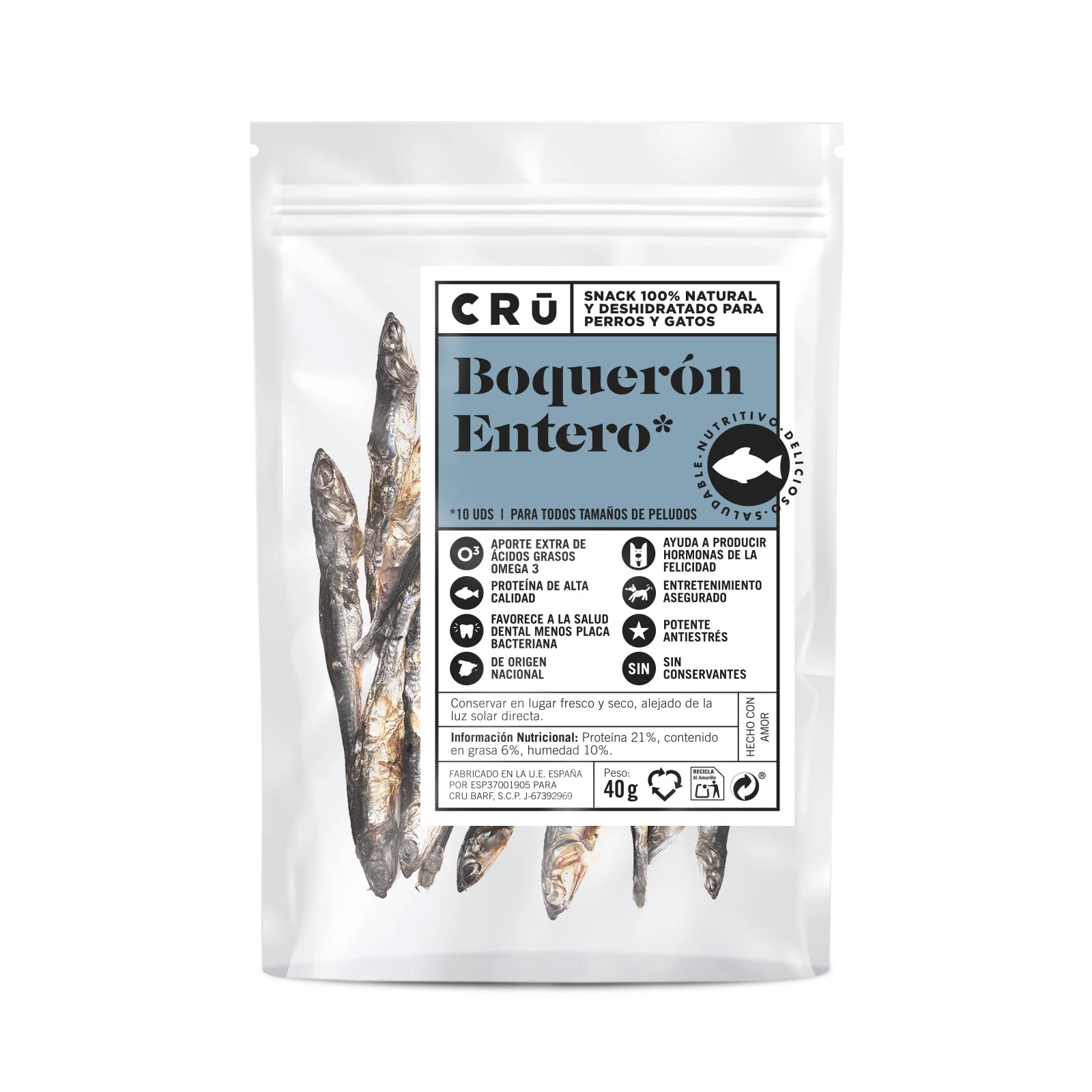 CRU - Snack Premio para Perro y Gato, Boquerones Deshidratados - 40g, 100% Natural