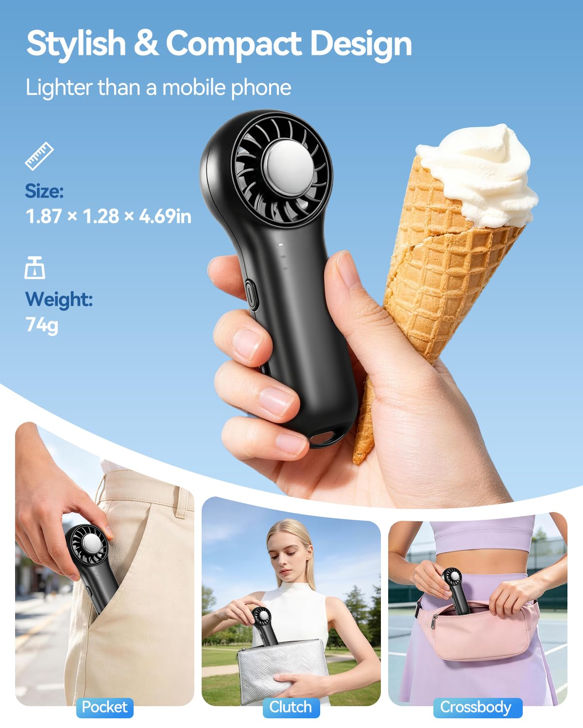 Ventilatore a mano con funzione di raffreddamento, mini ventilatore portatile 20000 RPM ad alta velocità, batteria con autonomia di 20,5 ore, 4 velocità, ventilatore USB ricaricabile, piccolo