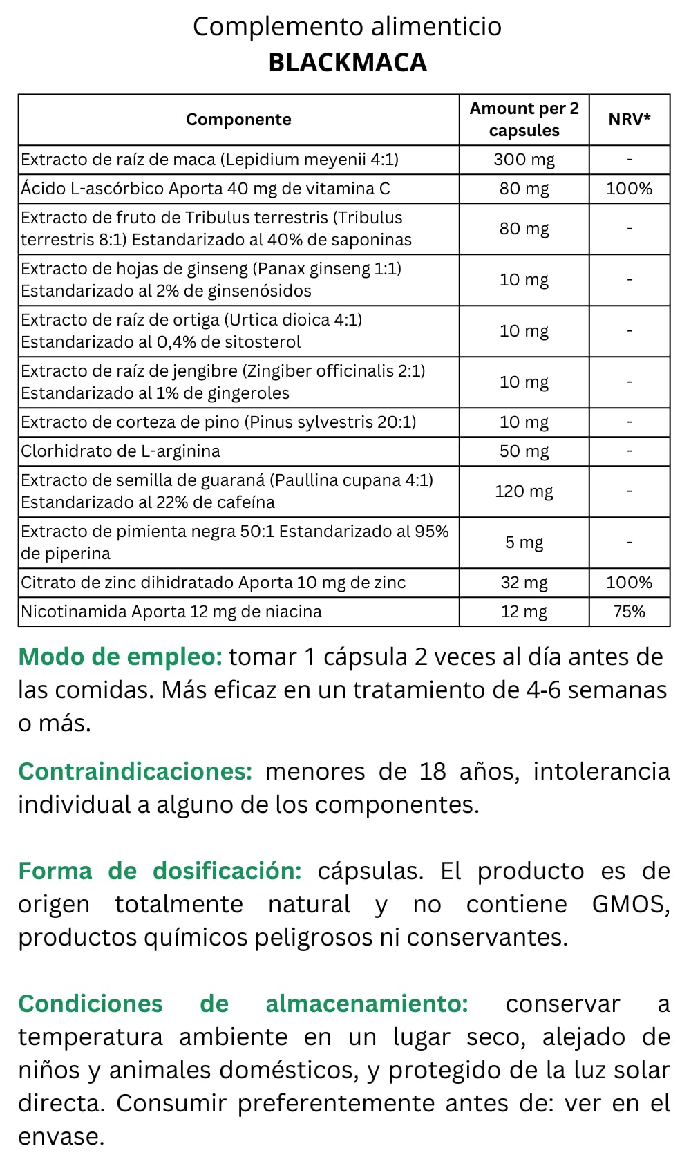 BLACKMACA PREMIUM Maca Peruana Negra + Tribulus Terrestris + Arginina + Zinc, Maca Negra | 30 Cápsulas