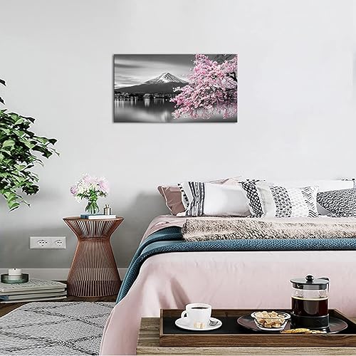 Miniatura 5 de YeiLnm Decoración de pared de cerezo en flor de cerezo, imagen de templo japonés, arte de pared de Fuji, rosa, blanco y negro, 20 x 36 pulgadas