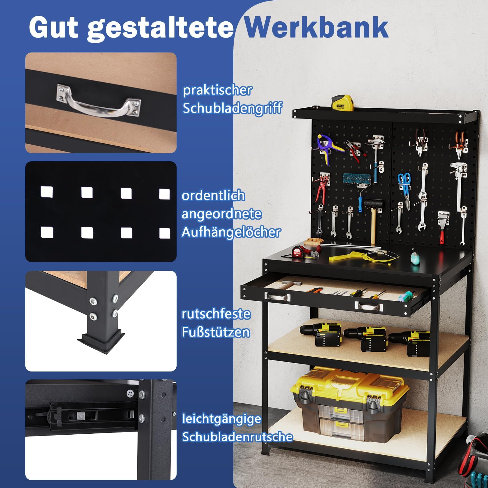 FANTASK Stół warsztatowy, nośność 225 kg, stół roboczy z regałami i 20 hakami wiszącymi i perforowaną ścianą i szufladami, stół warsztatowy do garażu, warsztatu i domu, 81 x 41 x 156 cm (czarna)