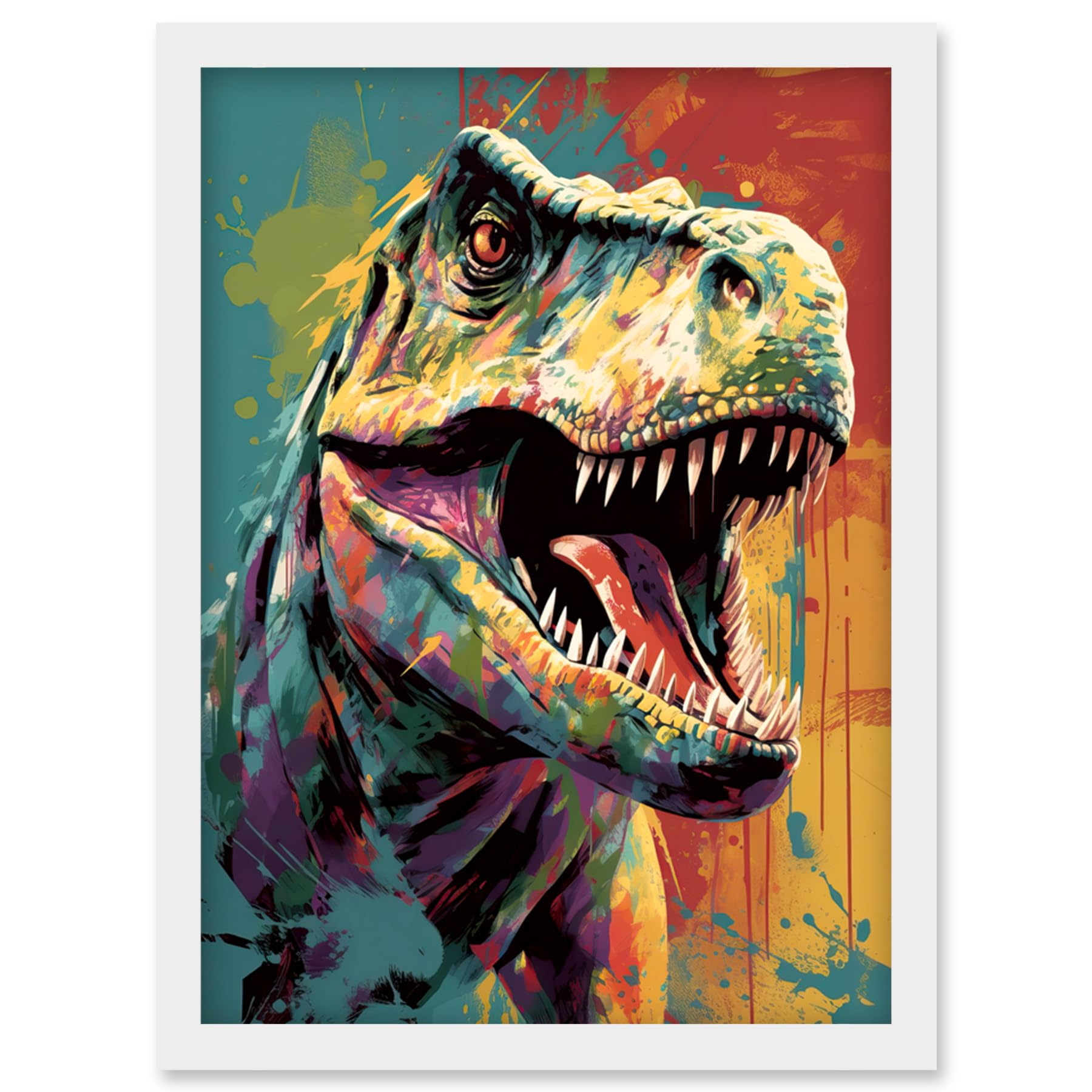 Artery8 Roaring T-Rex Multicoloured Dinosaur Portrait Artwork Framed Wall Art Print A4